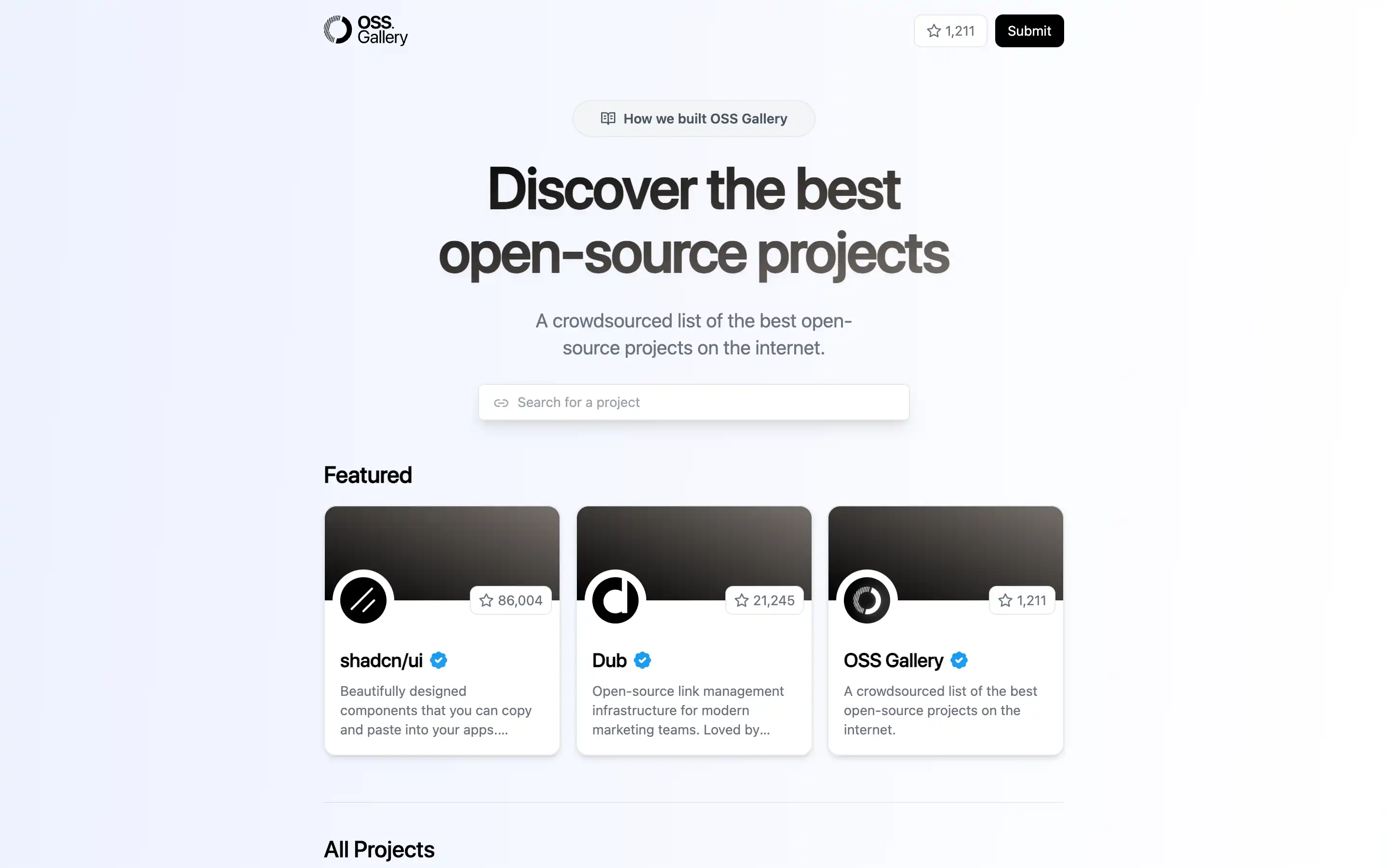 Homepage showcasing top open-source projects gallery