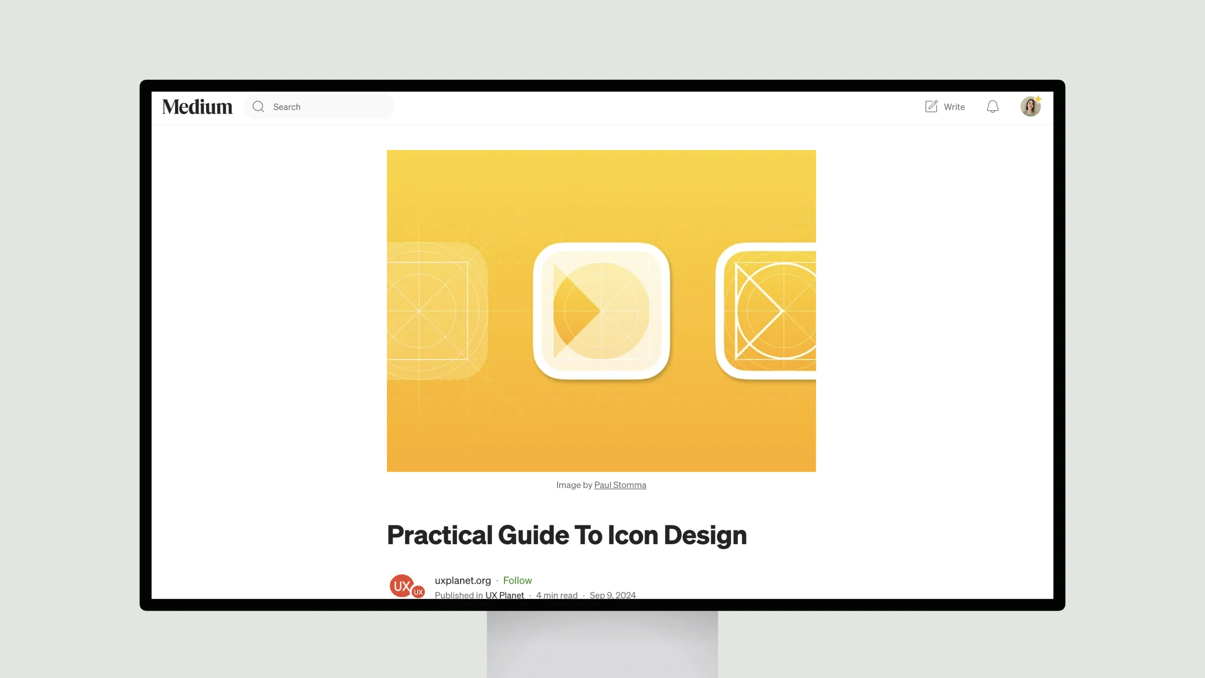 Medium article on icon design with geometric graphics