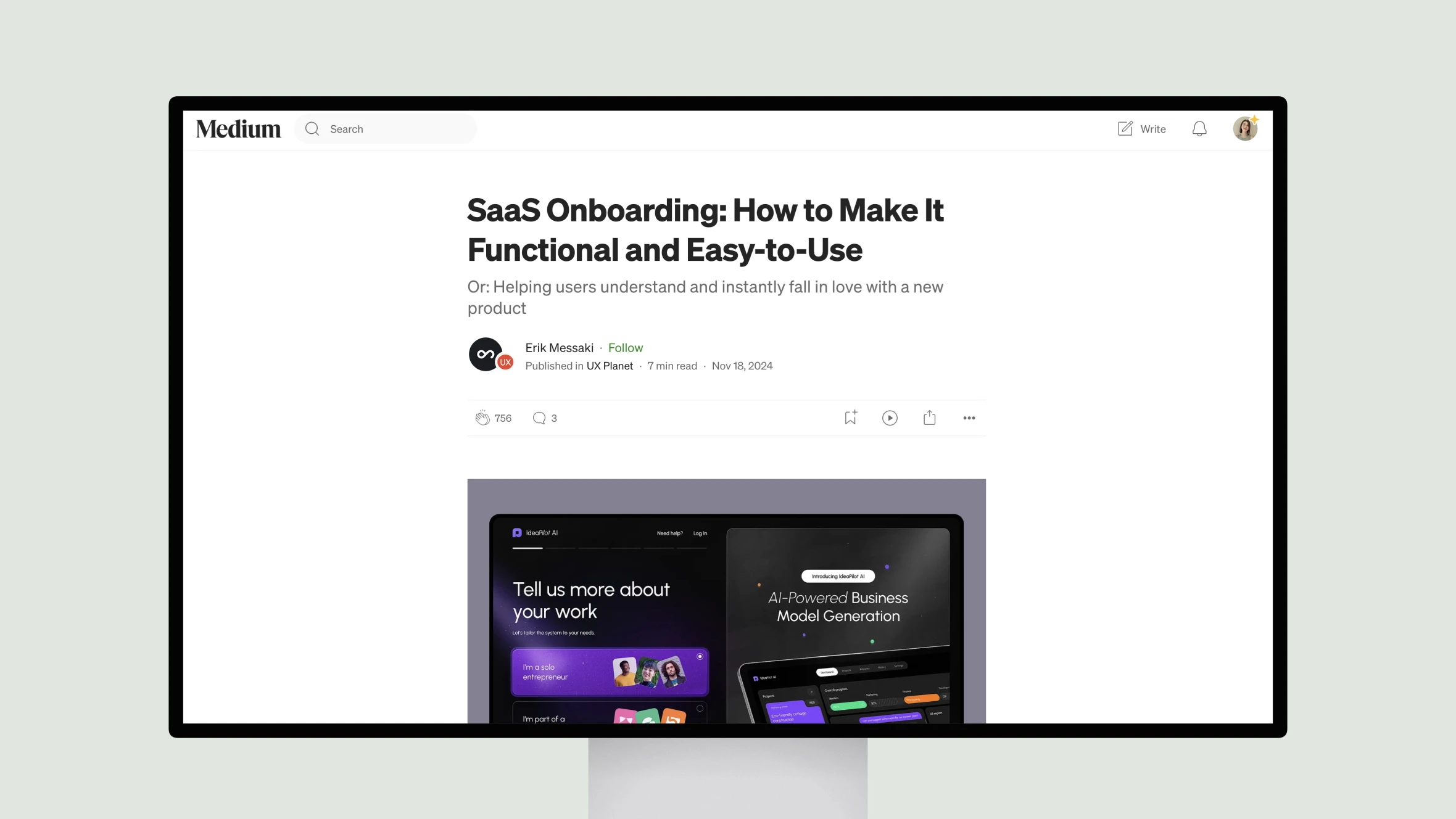 Medium article on SaaS Onboarding displayed on desktop