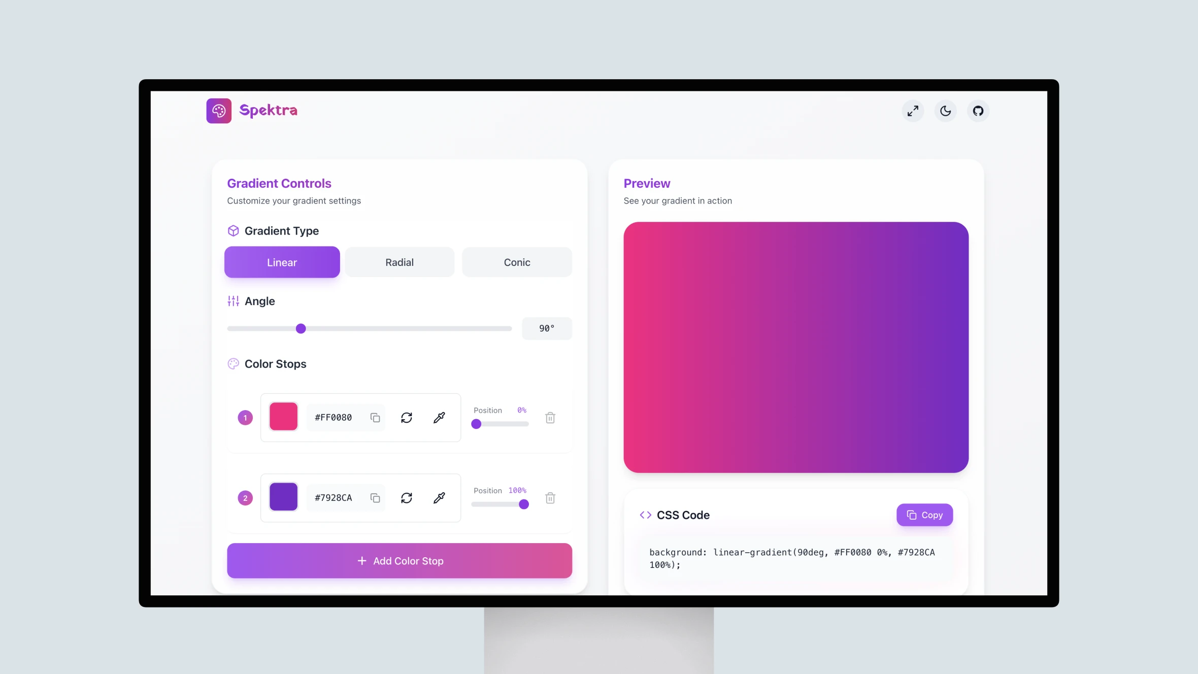 Interactive gradient design tool interface on screen