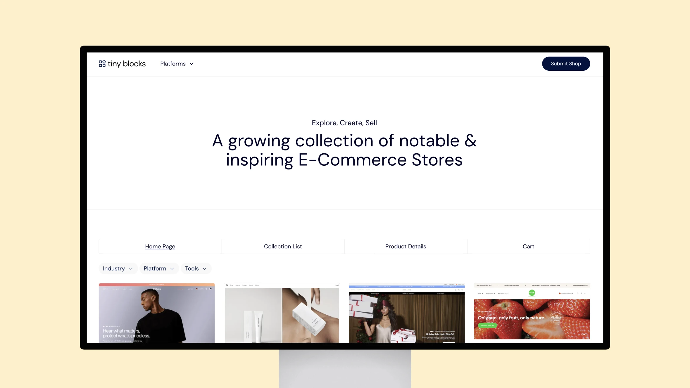 Website displaying E-Commerce store collections.