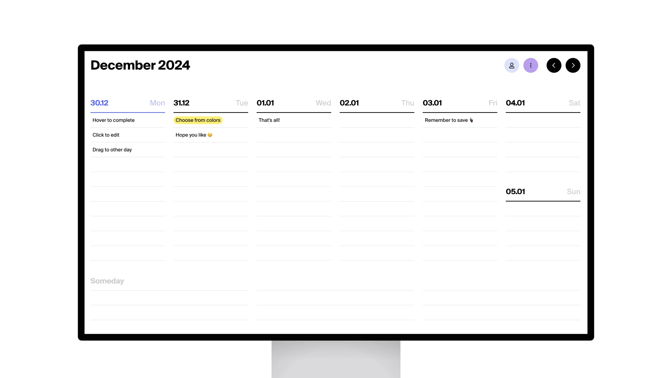 Digital calendar on screen for December 2024