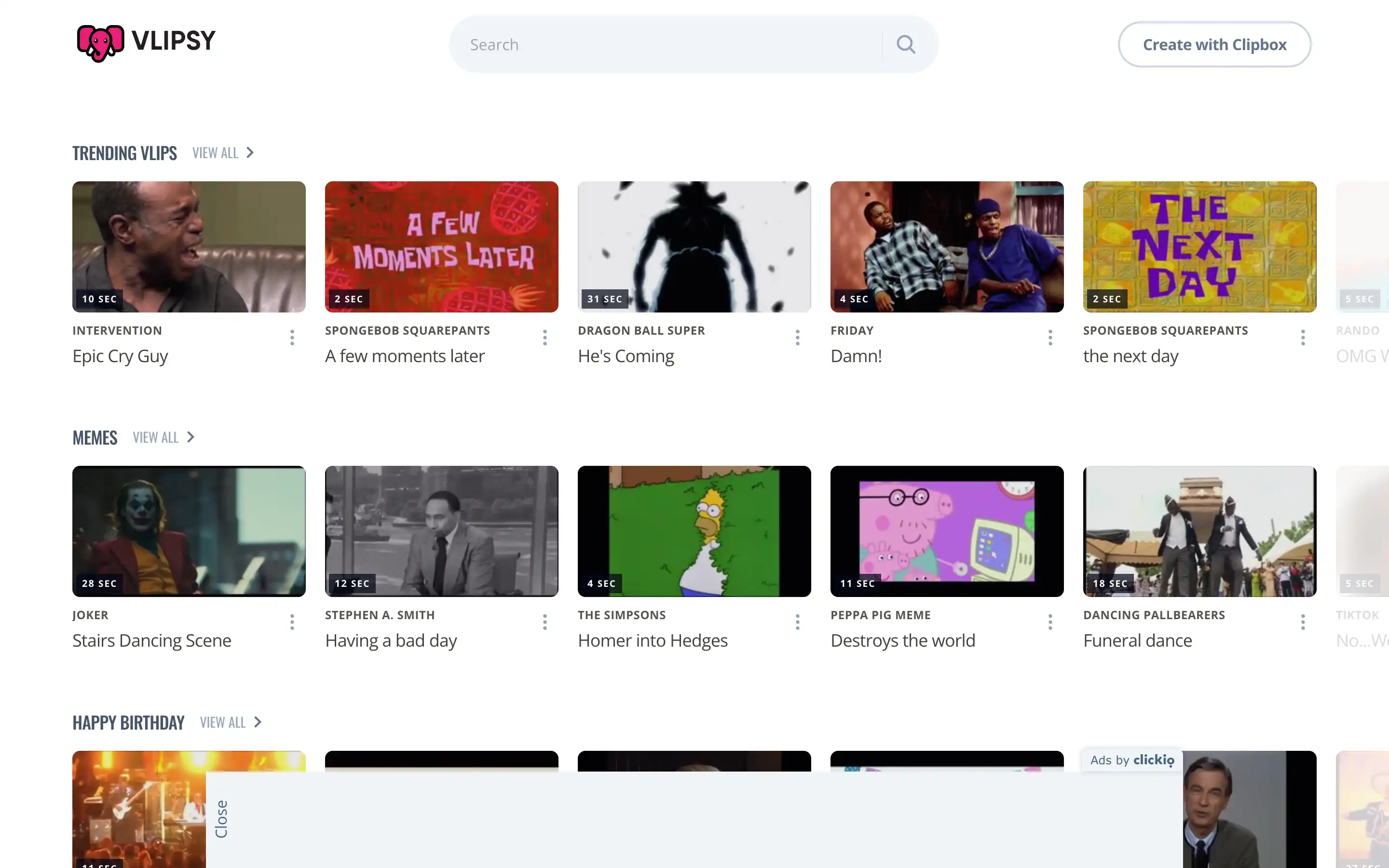 Dashboard of trending and meme videos, Vlipsy platform.