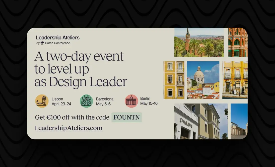 Advertisement for a design leadership event in European cities