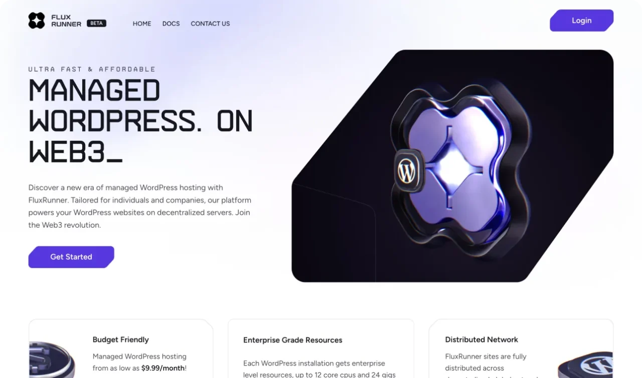 Webpage showcasing managed WordPress hosting on Web3.