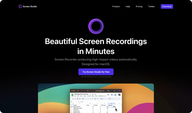 Screen Studio website homepage showcasing macOS screen recorder