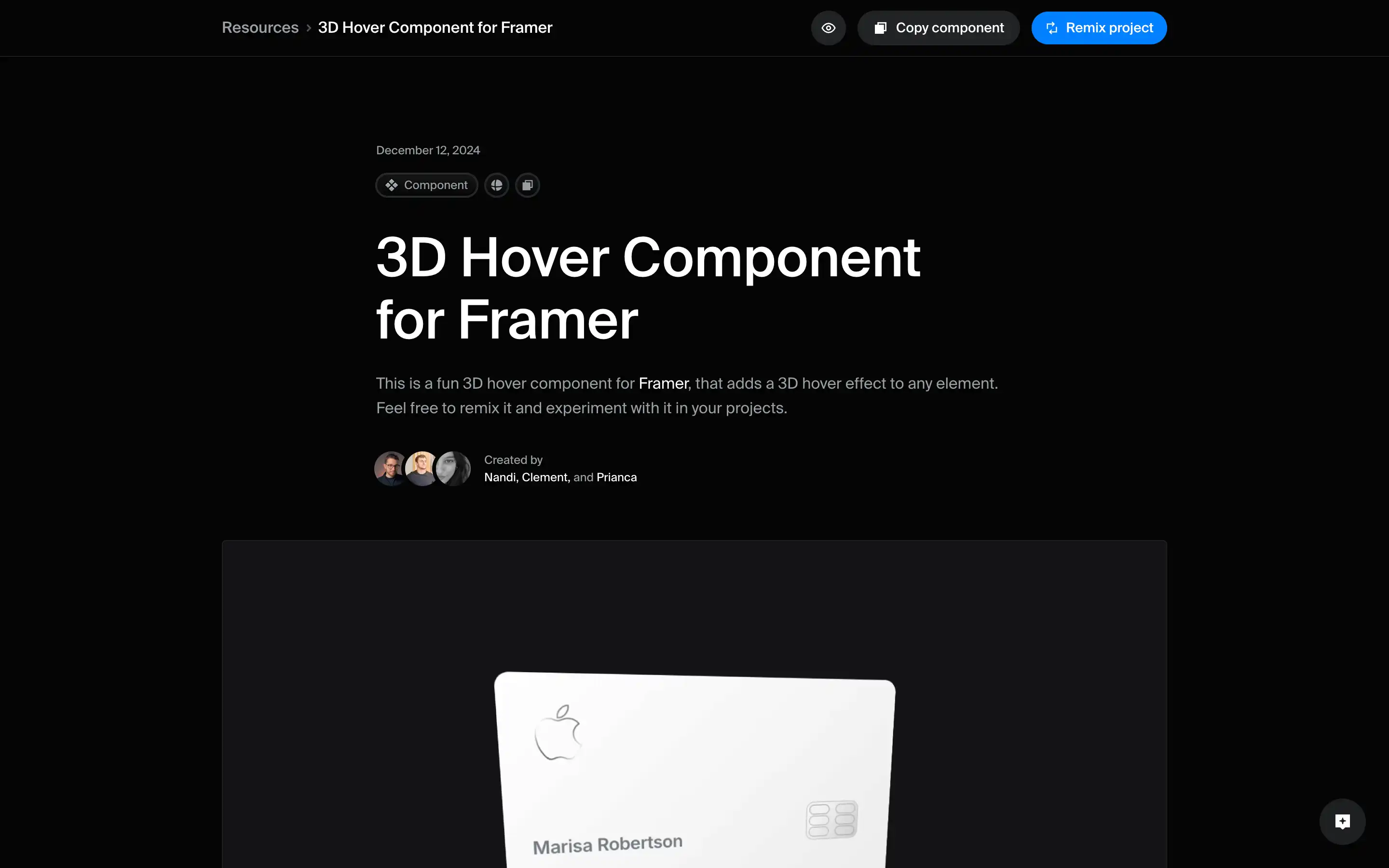 3D hover component for Framer, December 2024.