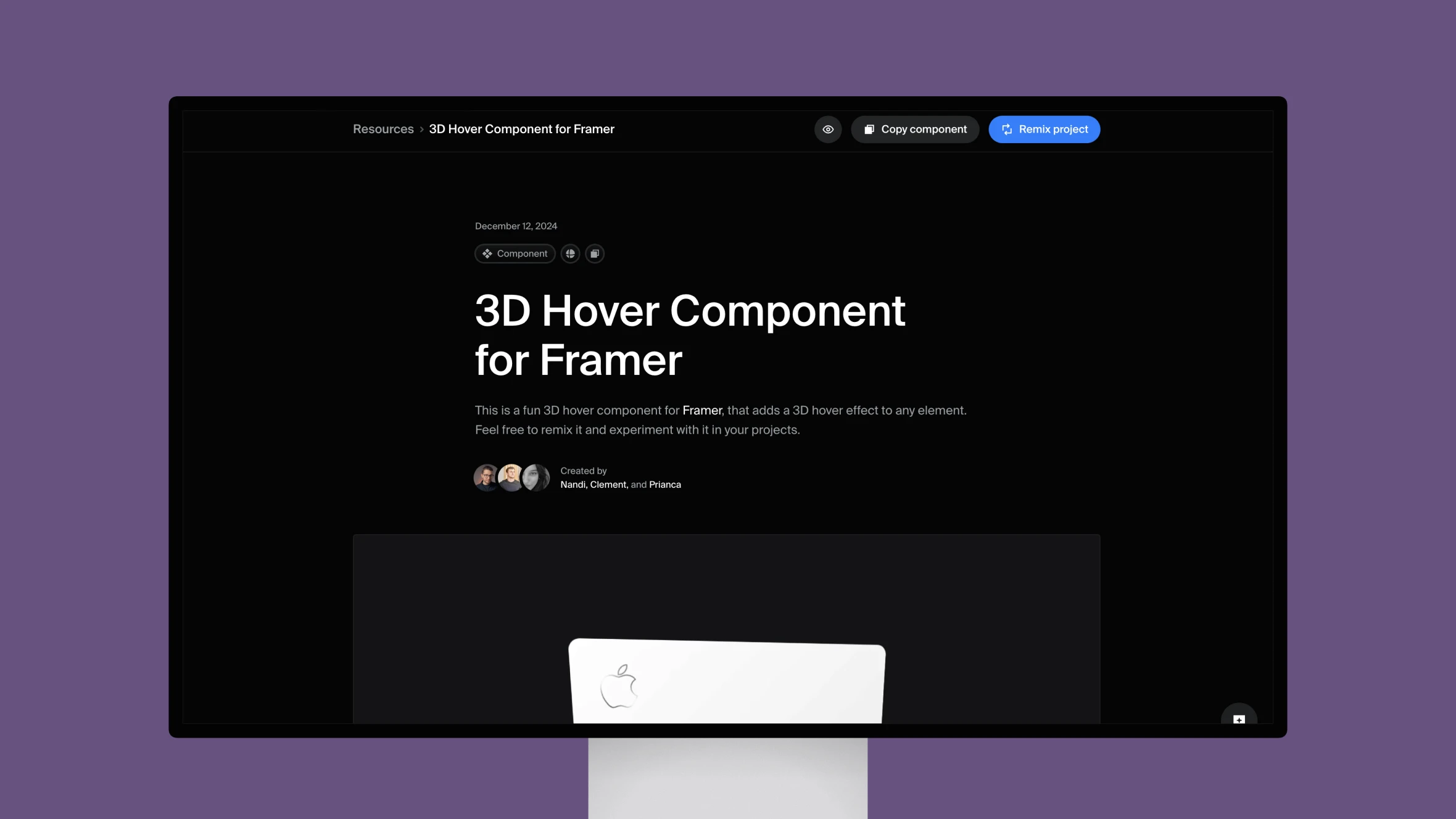 Screenshot of 3D Hover Component for Framer webpage