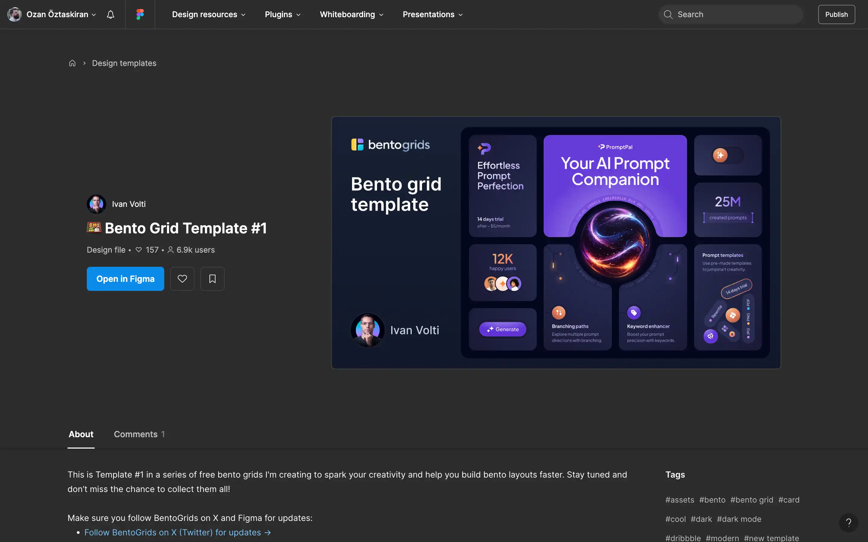 Bento grid template design on Figma with prompt features.