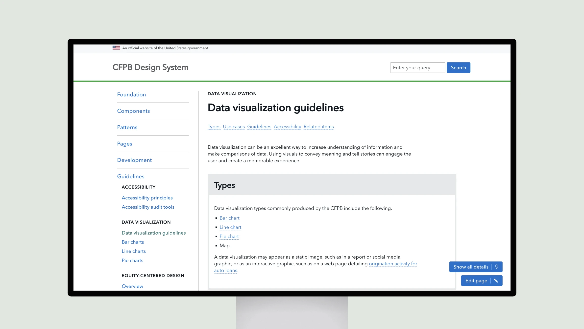 CFPB Design System website displaying data visualization guidelines