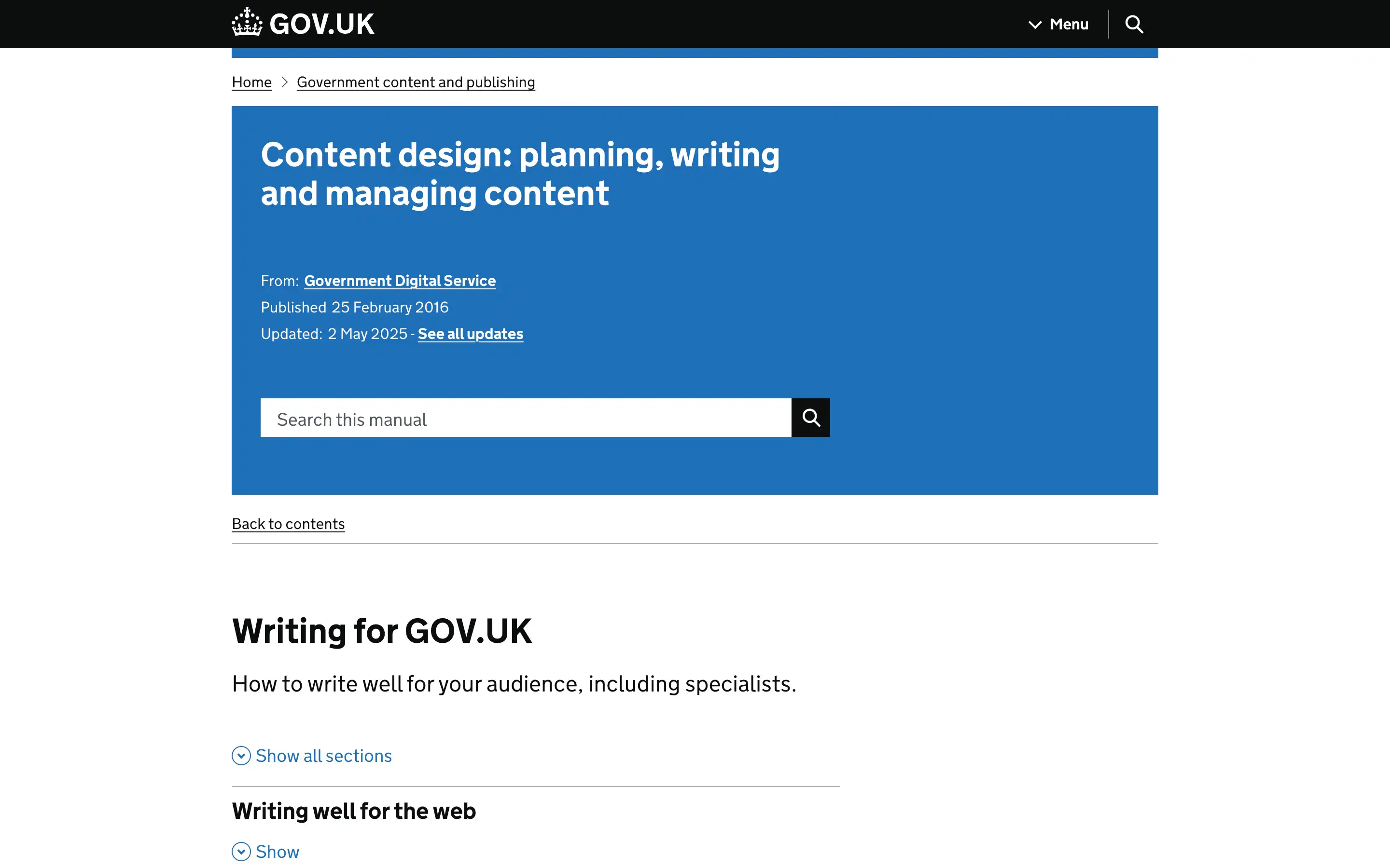 GOV.UK content design guide and search.