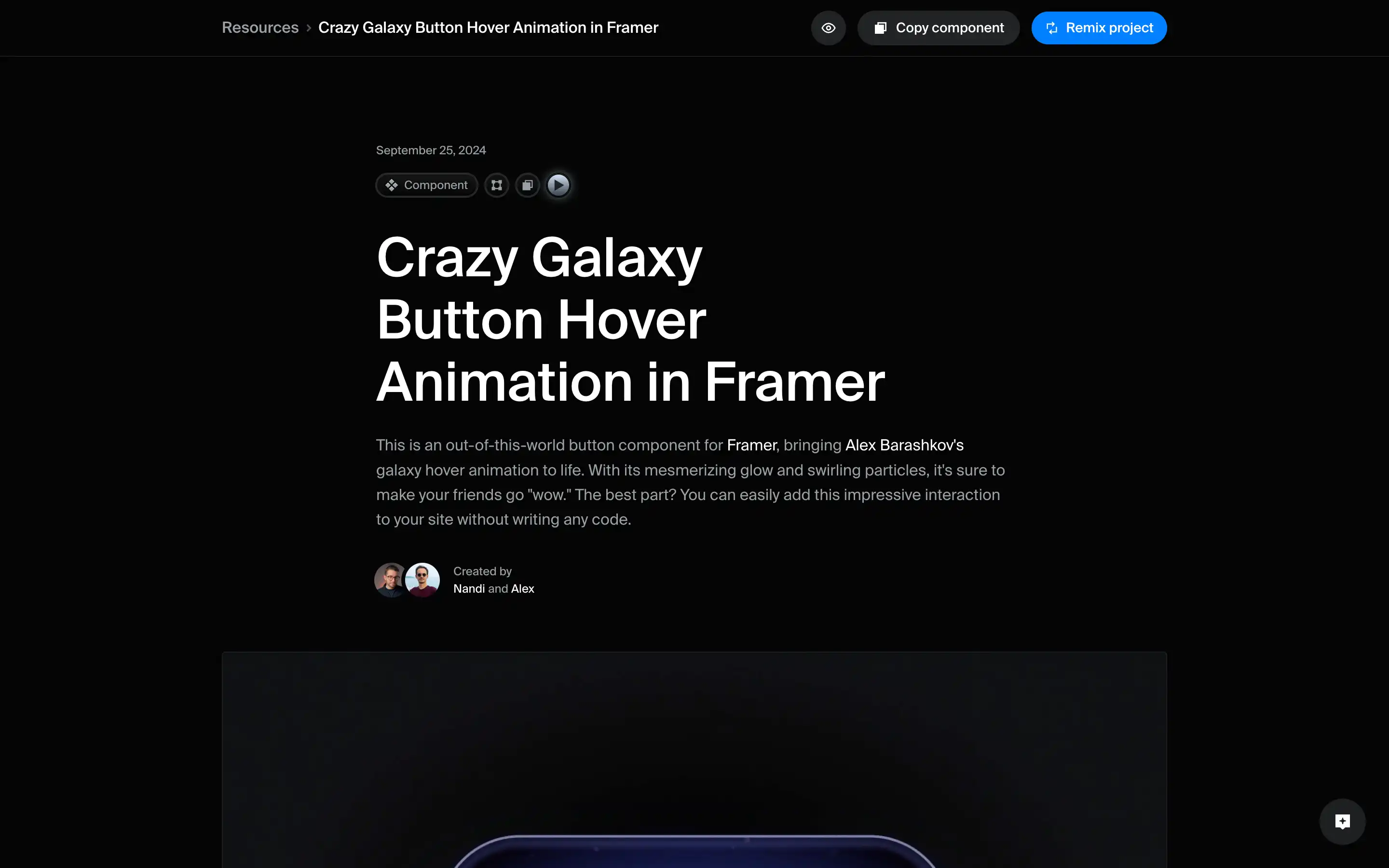 Crazy Galaxy animation in Framer details page.