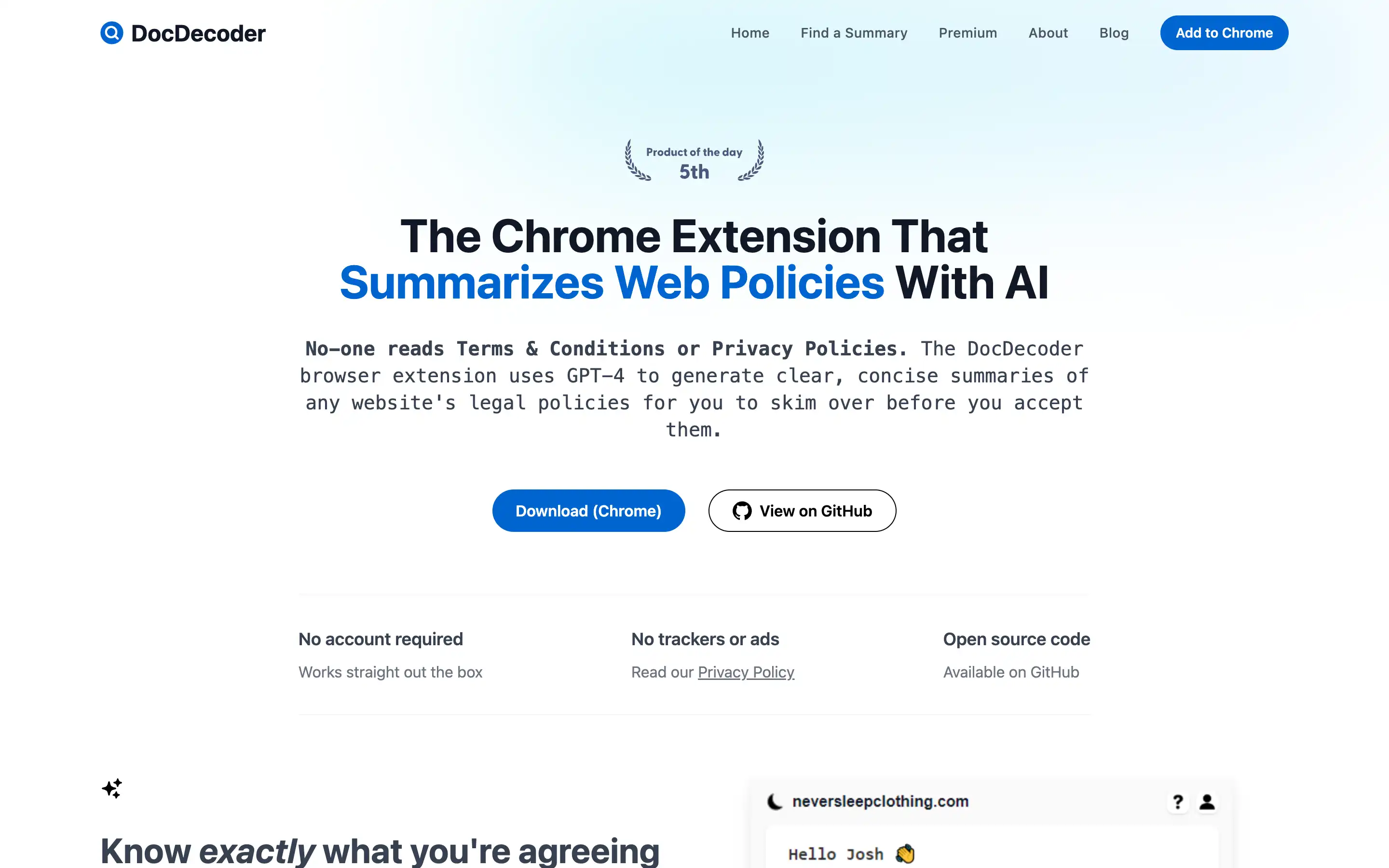 DocDecoder AI Chrome extension web policies summary
