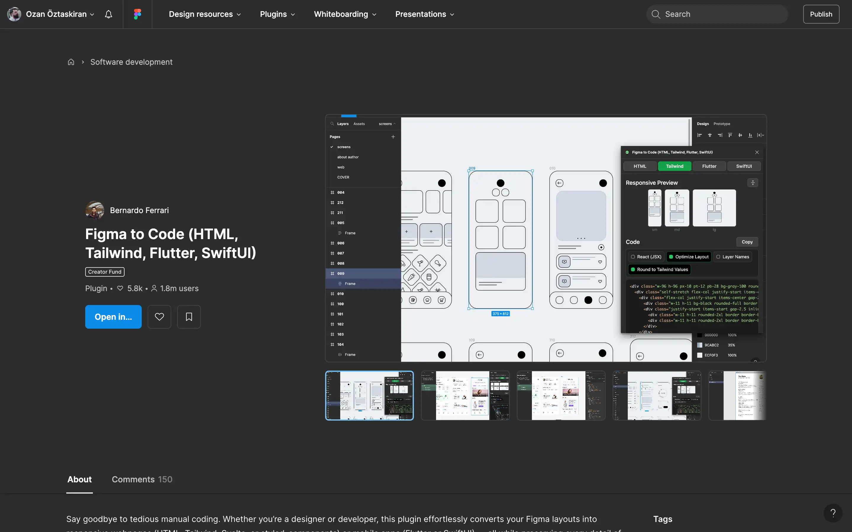 Figma to Code plugin interface with code preview