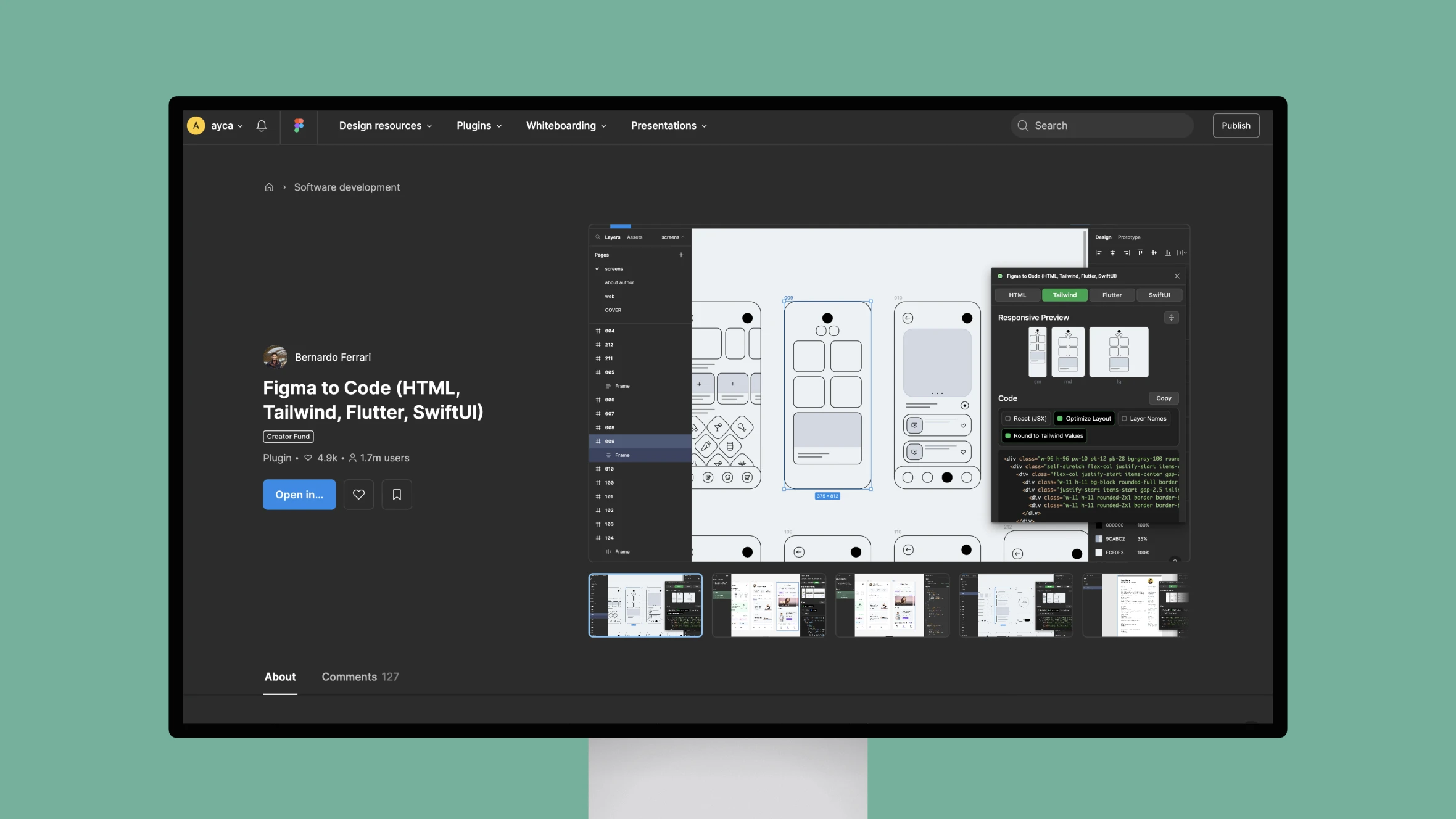 Figma interface displaying code conversion plugin