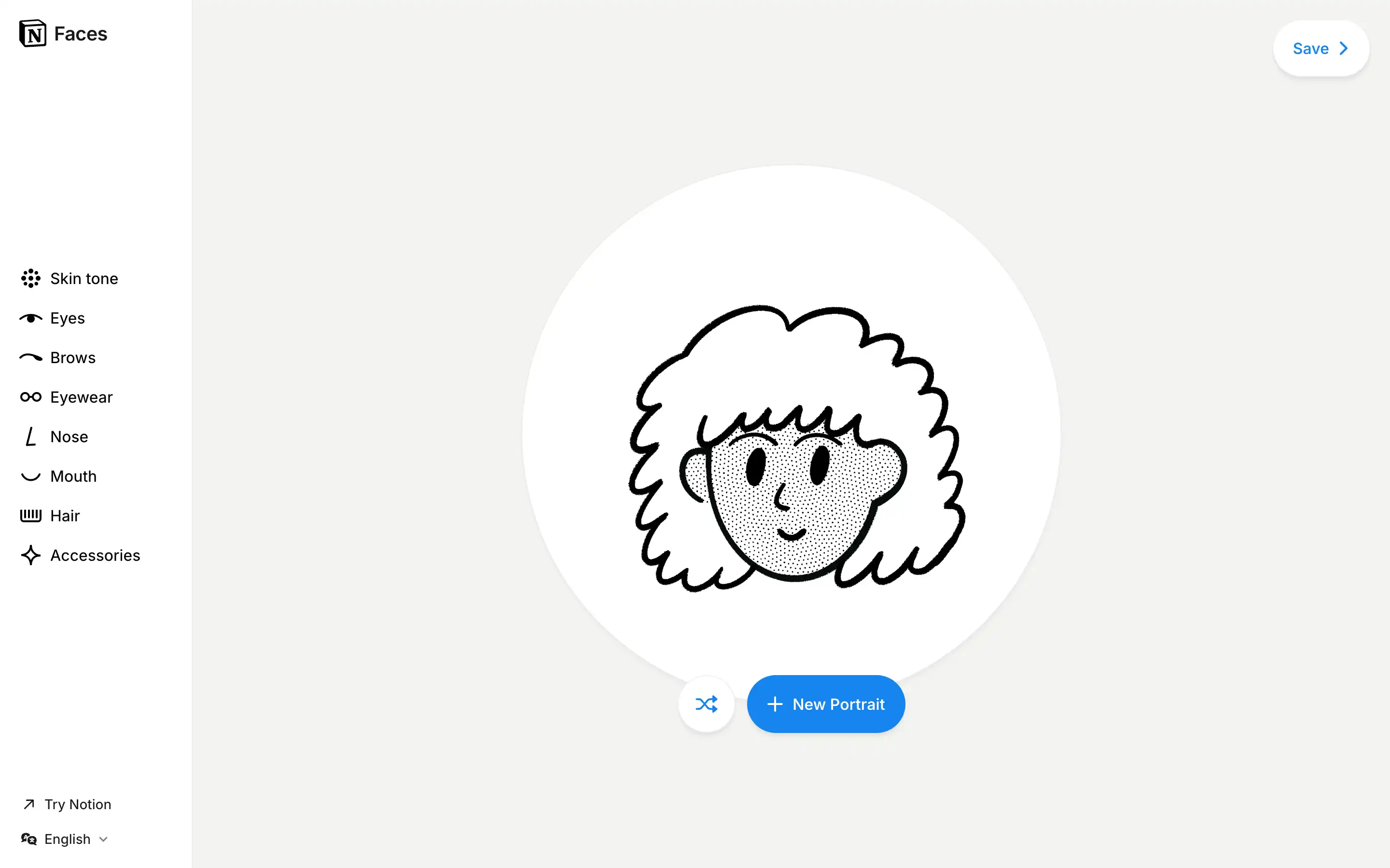 Cartoon face generator interface with customization options.