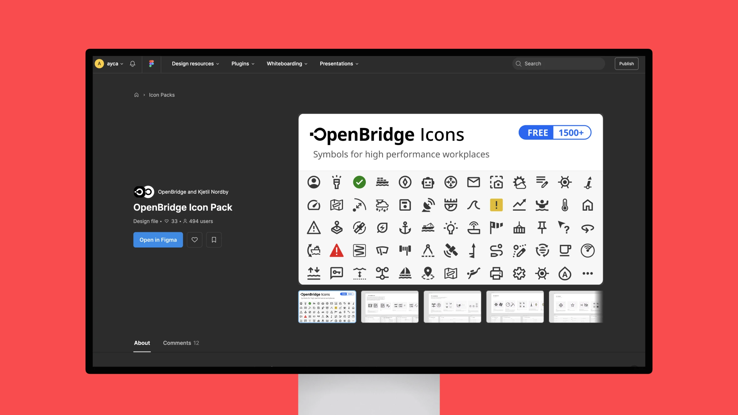 A computer screen displays a dark interface featuring the "OpenBridge Icon Pack." The pack includes a variety of icons, such as checkmarks, warning signs, and various symbols, organized in a grid format. The title "OpenBridge Icons" is prominently displayed, along with a note indicating "1500+ FREE" icons available. Below, there are options to open the design in Figma and a section showing user engagement metrics. The background of the screen is a vibrant red.