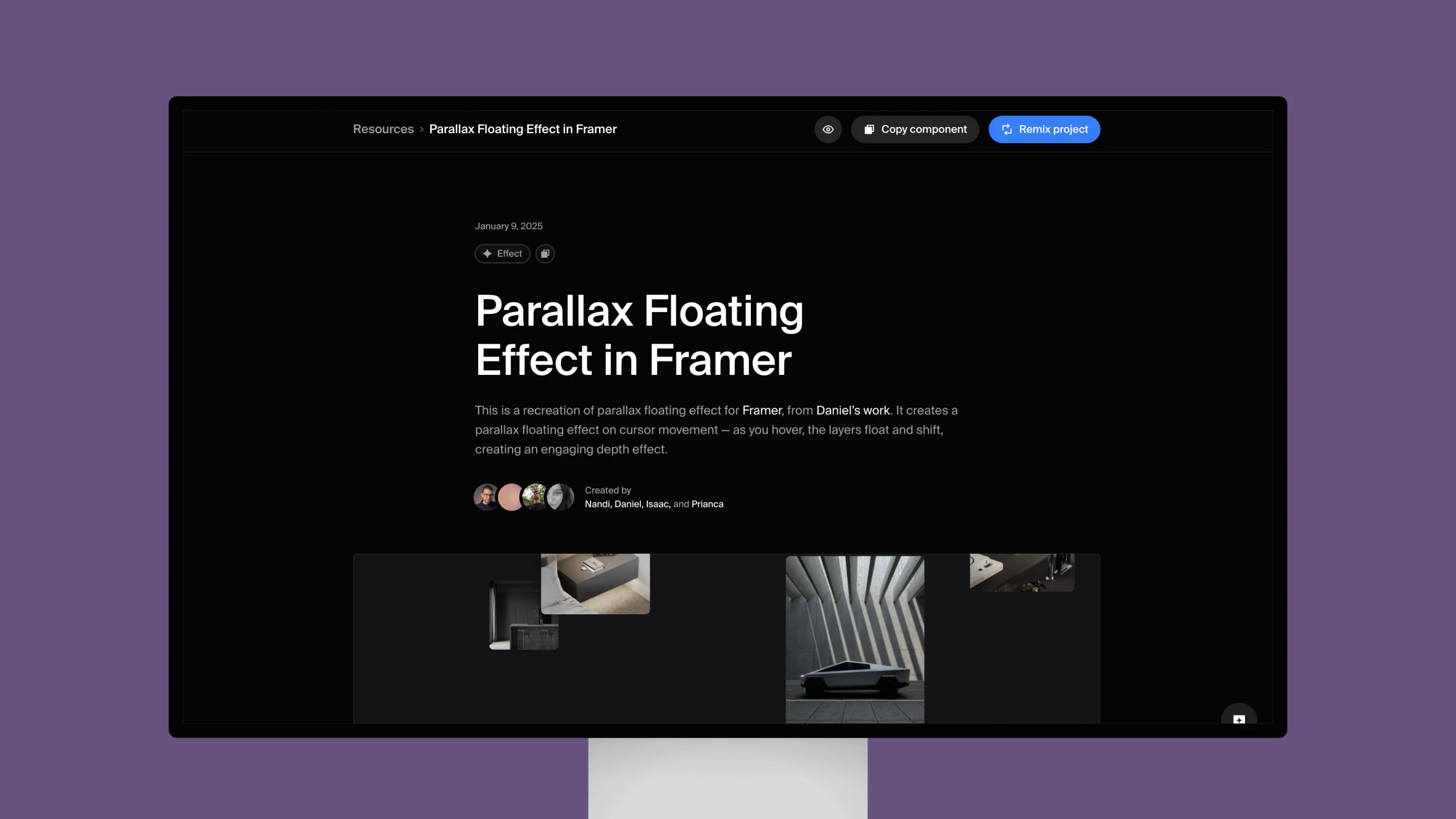 Web page displaying Parallax Floating Effect in Framer