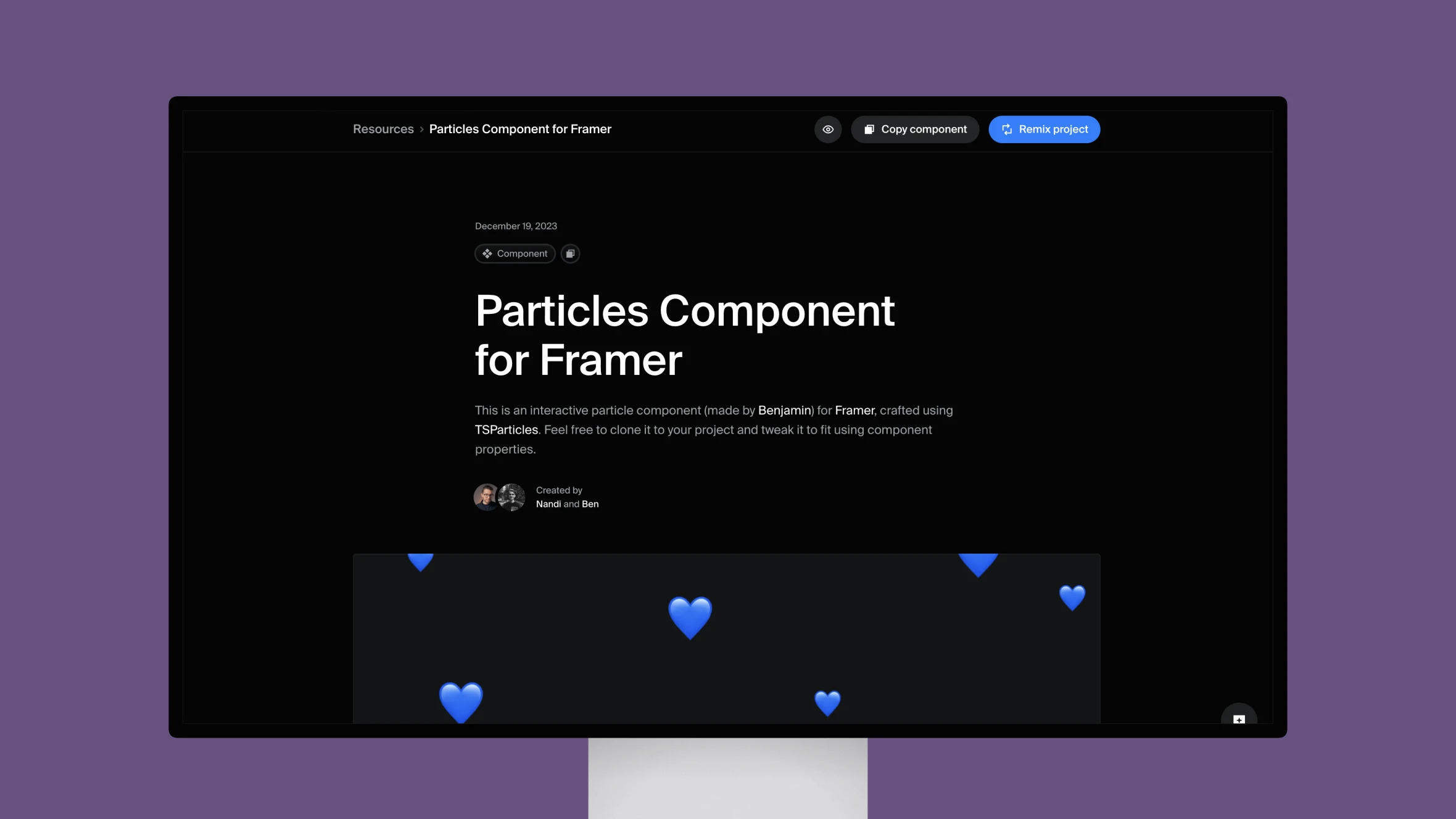 Computer screen displaying Particles Component for Framer