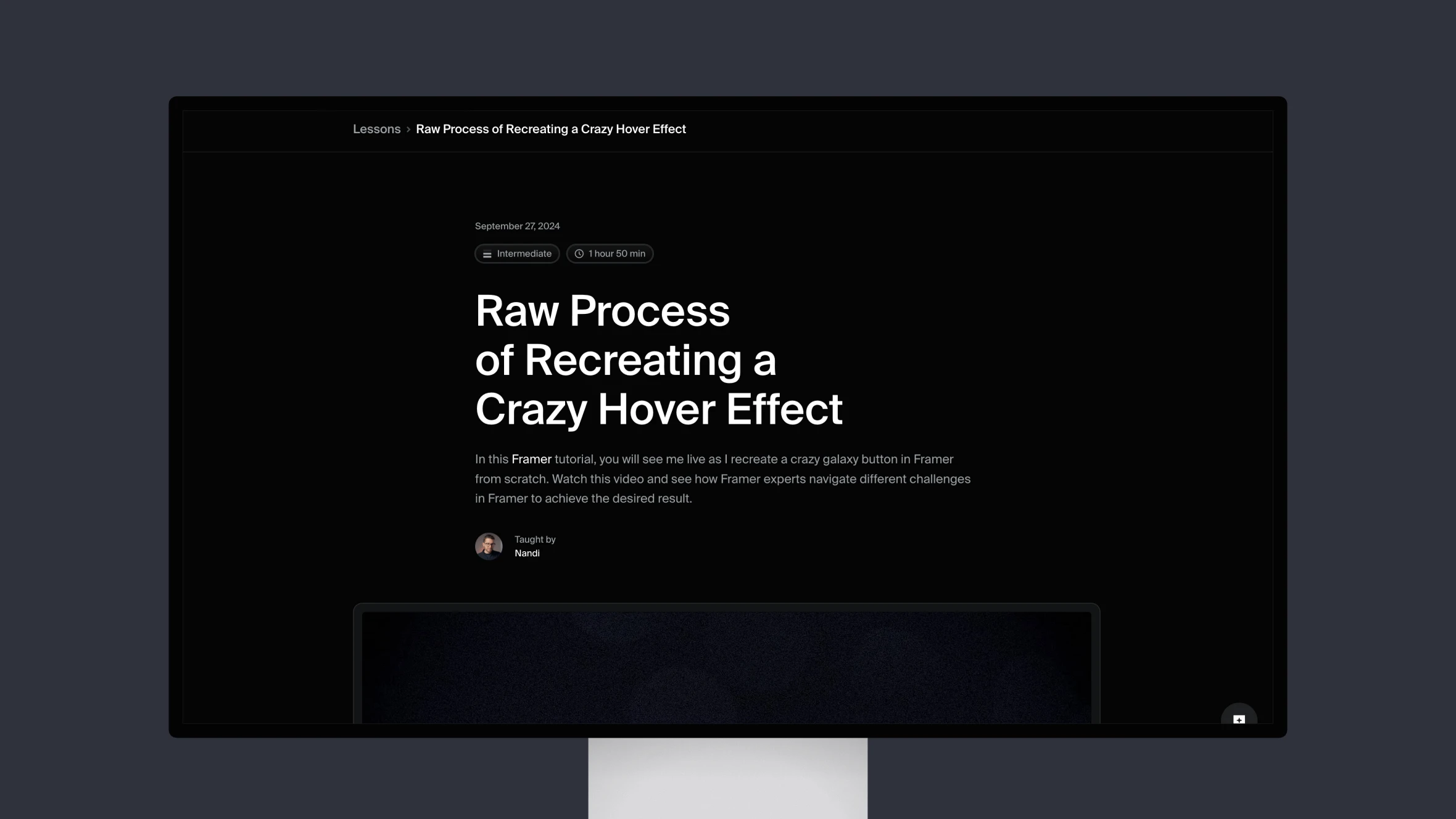 Framer tutorial interface displaying hover effect lesson