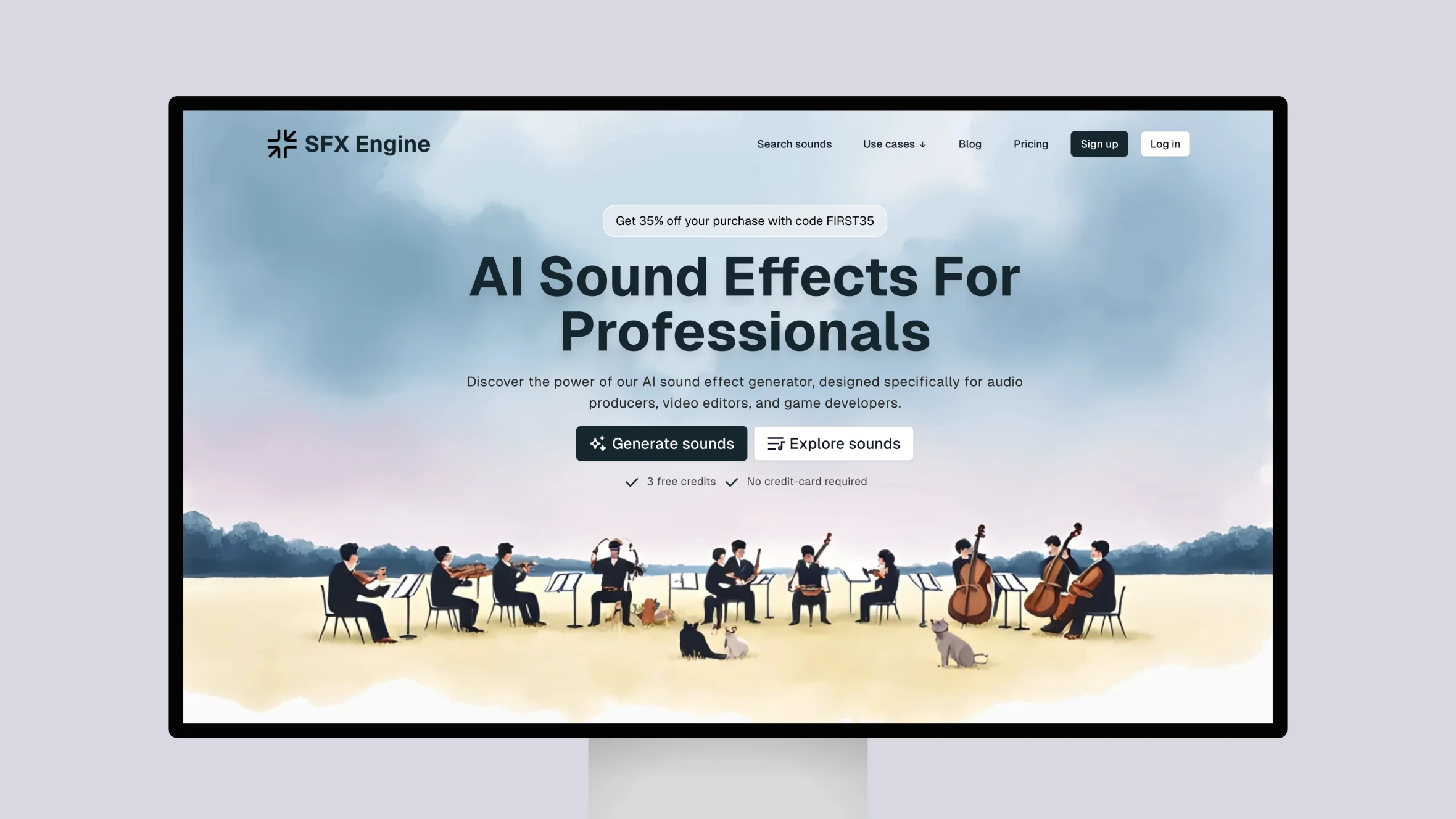 A digital interface displays a website for "SFX Engine," featuring a serene background with a beach scene. An orchestra is depicted playing instruments, with musicians seated and a few dogs lounging nearby. The main text highlights "AI Sound Effects For Professionals," and there are buttons for "Generate sounds" and "Explore sounds." Additional information includes a promotional offer for 35% off and mentions of free credits and no credit card requirement. The overall design is clean and professional, emphasizing audio production.