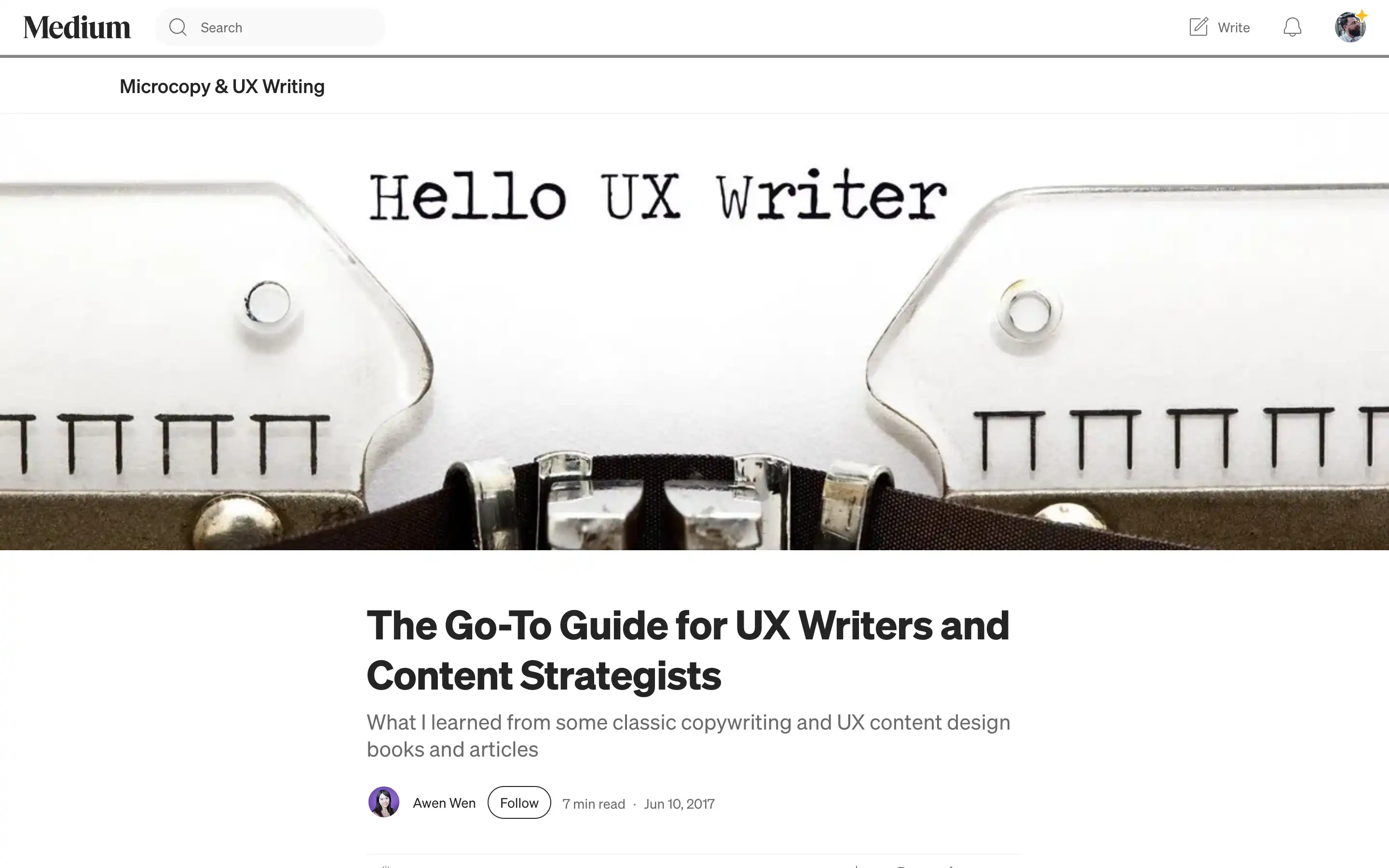 Typewriter with 'Hello UX Writer' on paper.
