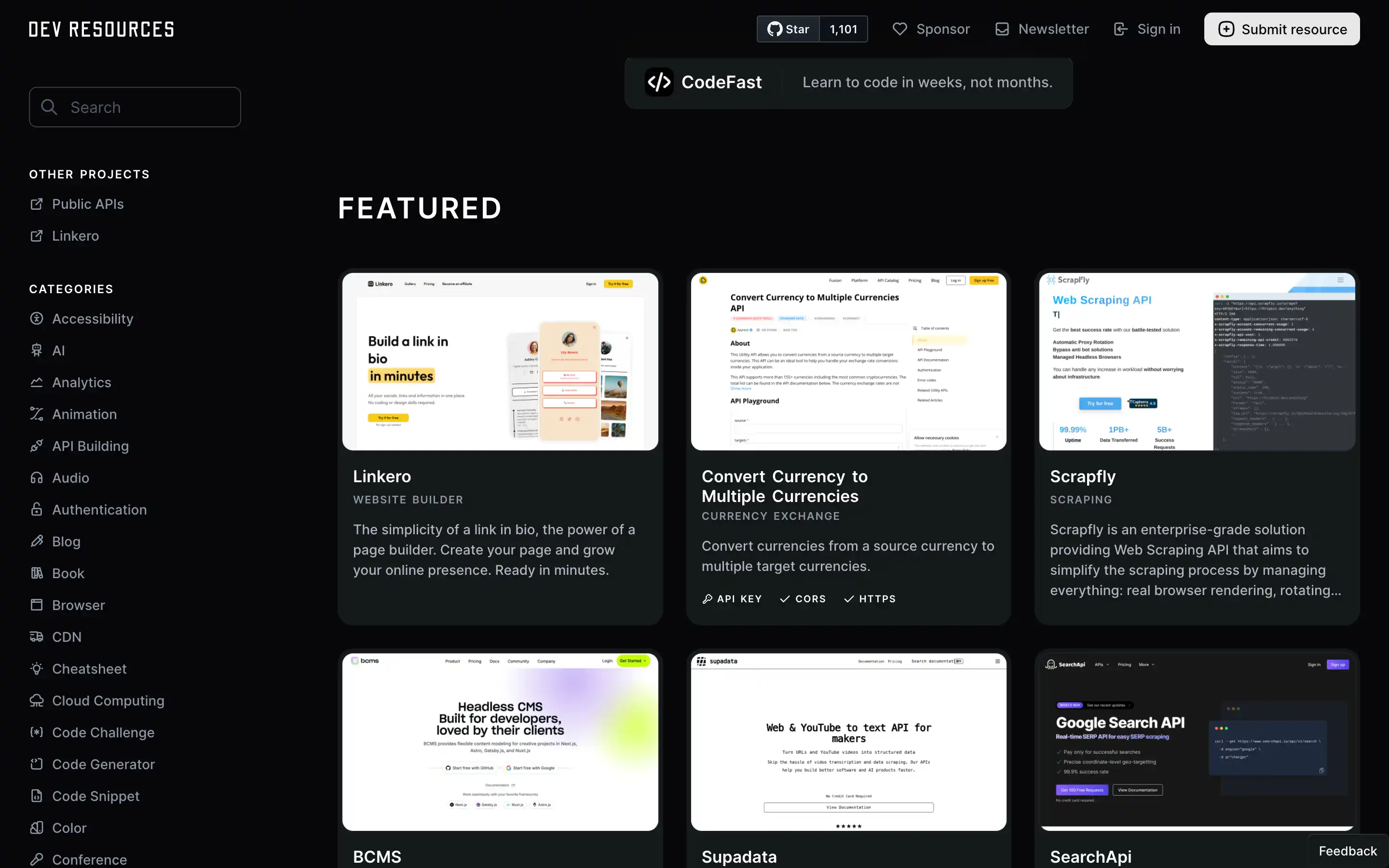Dev resources website featuring various online tools.