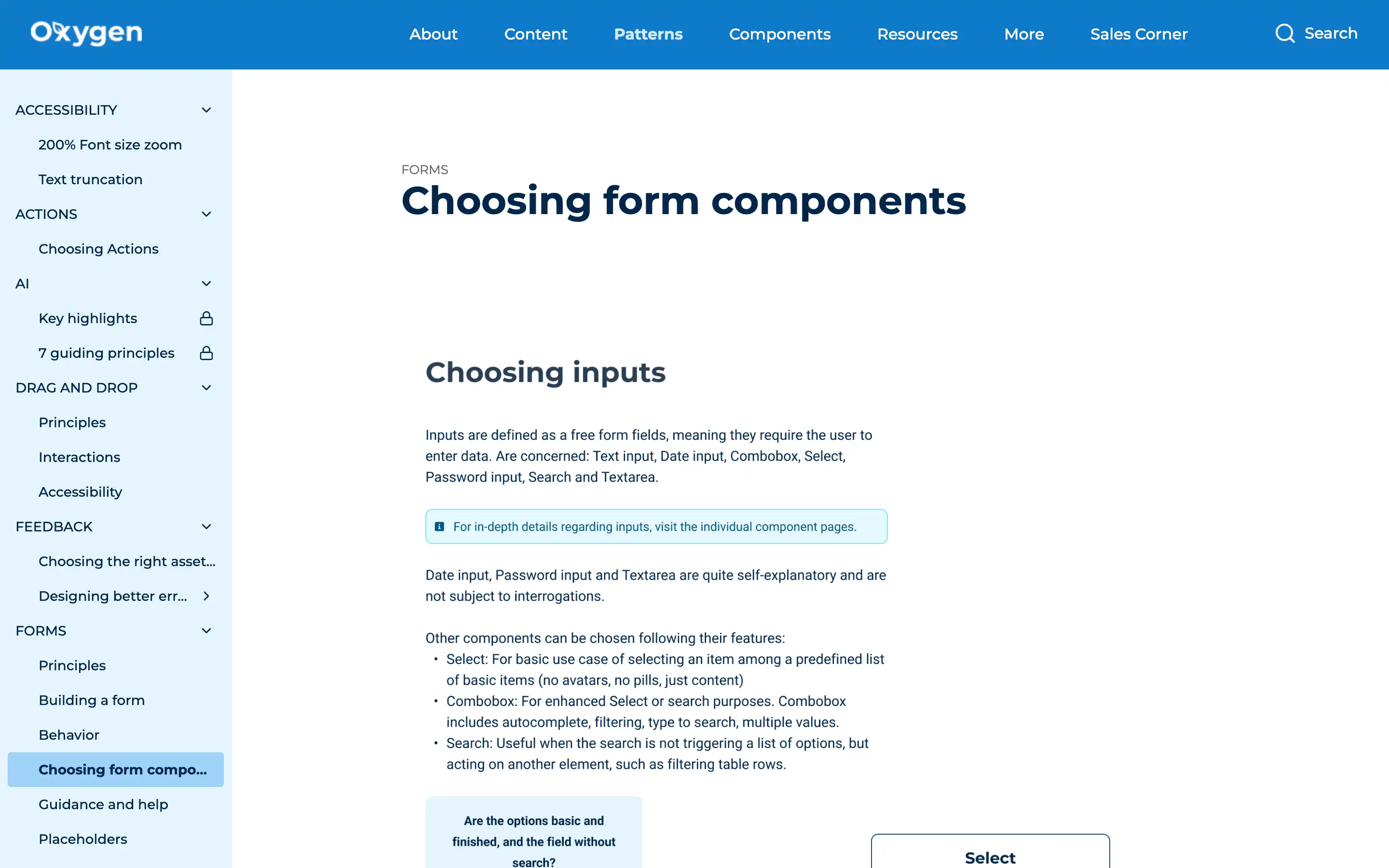 Guide on choosing form components and inputs.