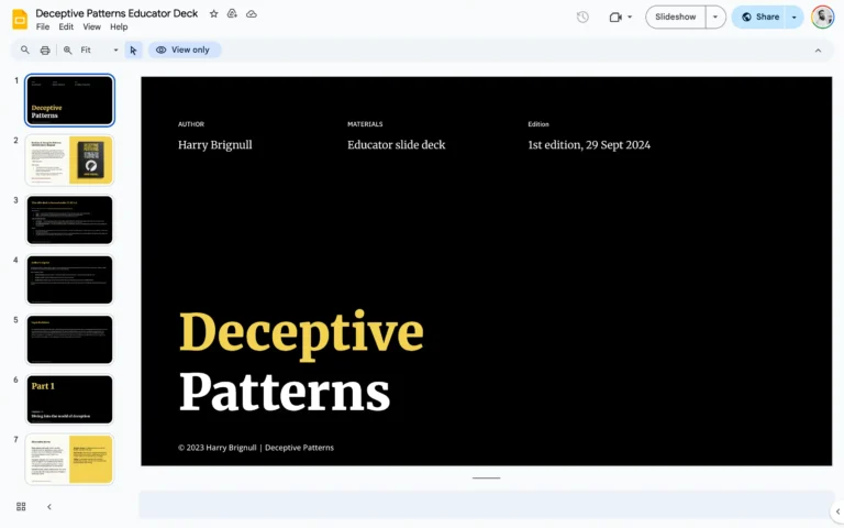 Deceptive Patterns Educator Deck – Google Slides