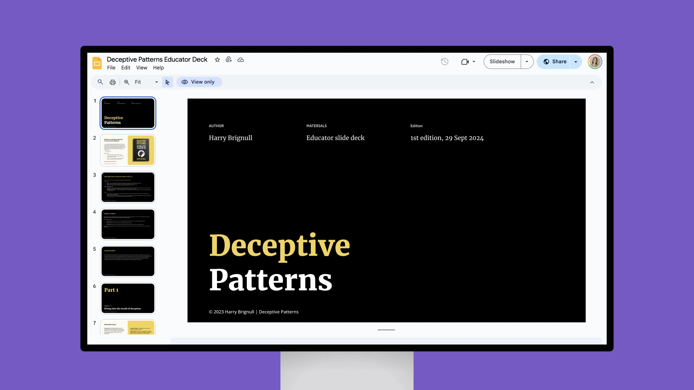 Deceptive Patterns slide deck displayed on screen