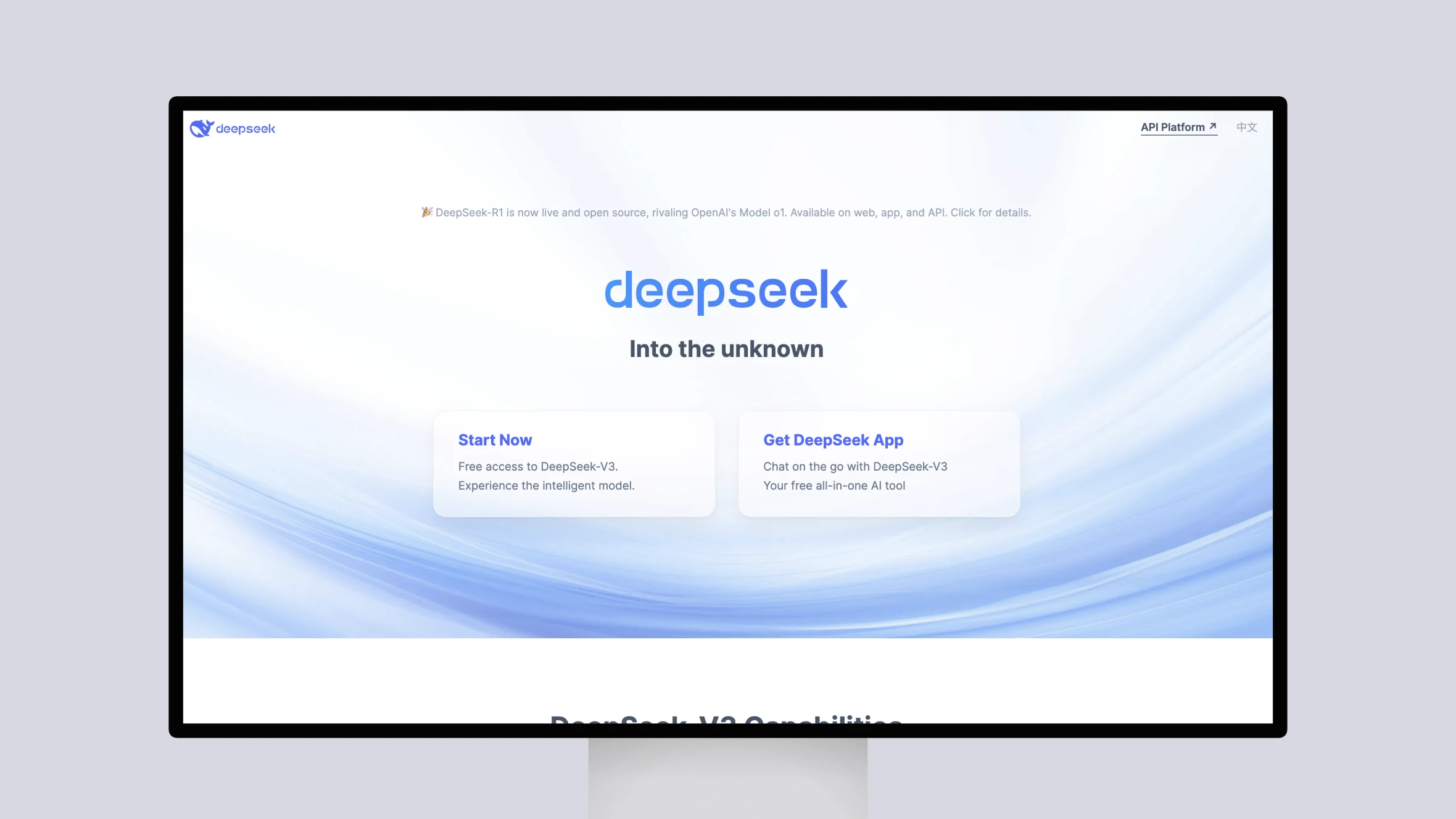 DeepSeek AI homepage with access options.