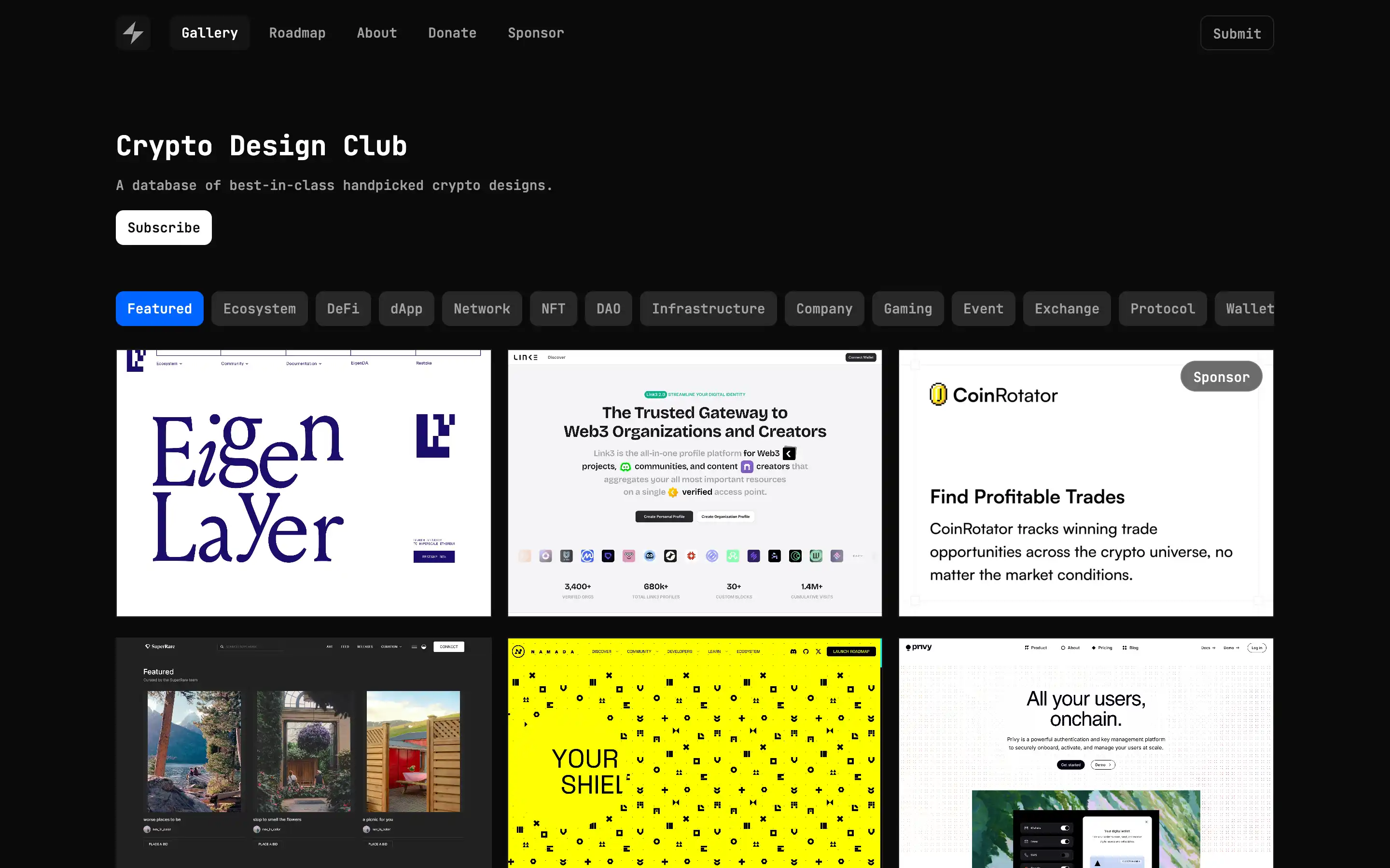 Crypto Design Club website featuring crypto projects gallery.