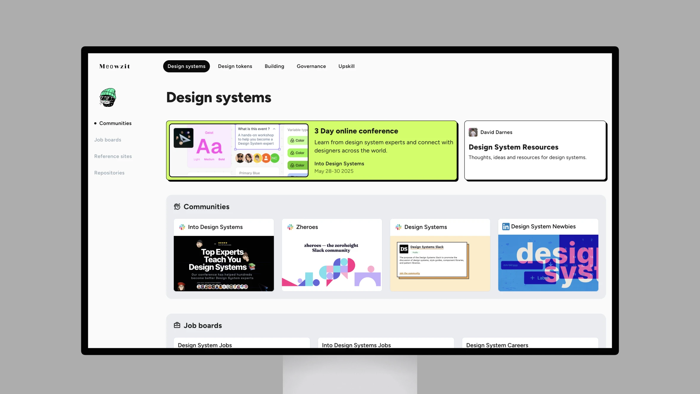 Design systems webpage showing event and resources.