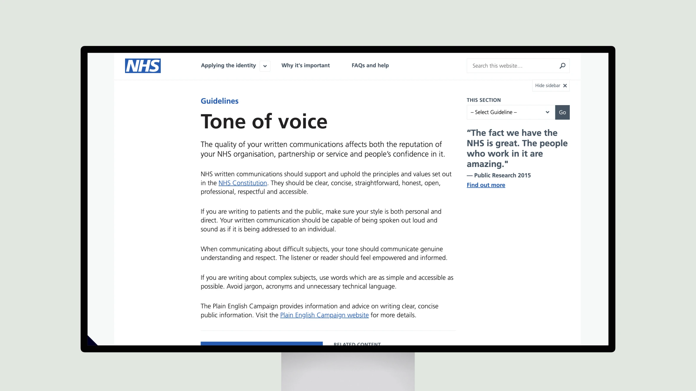 NHS tone of voice guidelines webpage on a screen.