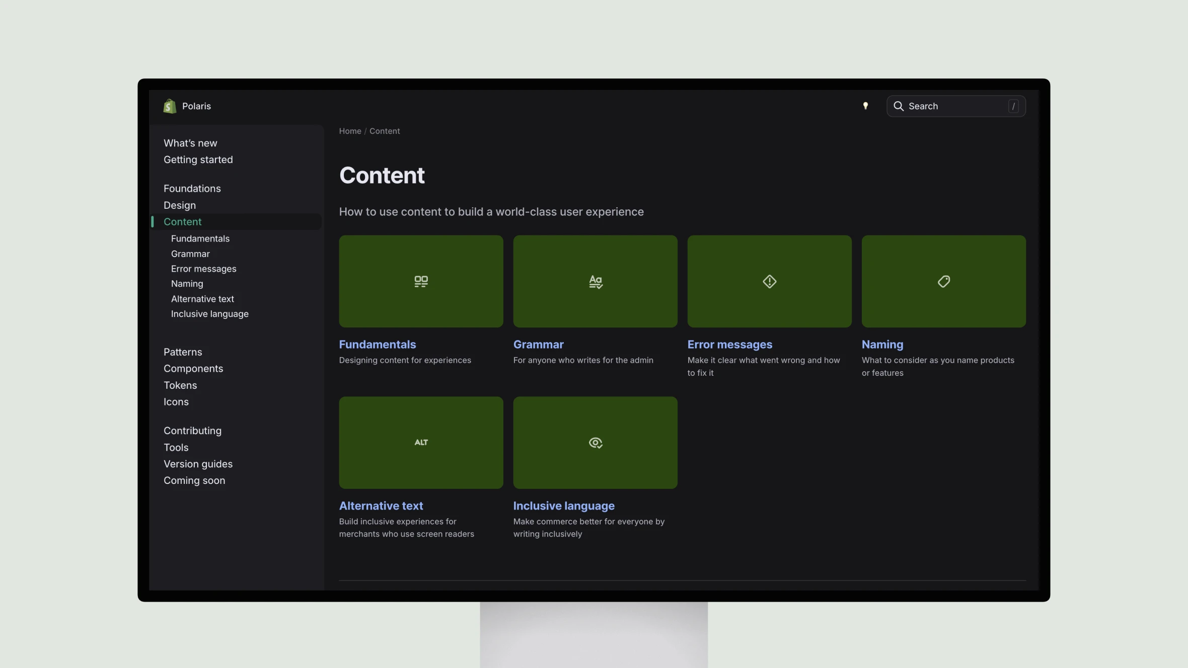 Content guidelines display on Polaris design system screen.