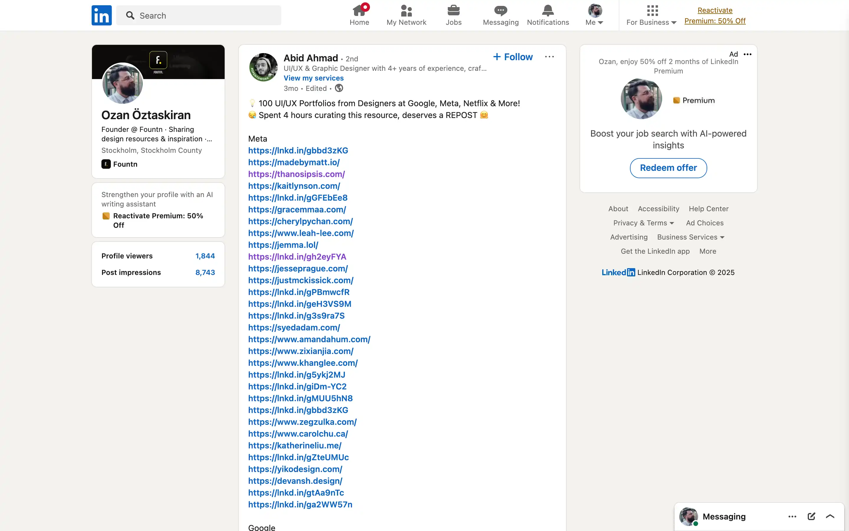 LinkedIn post showcasing top UX/UI portfolios links.
