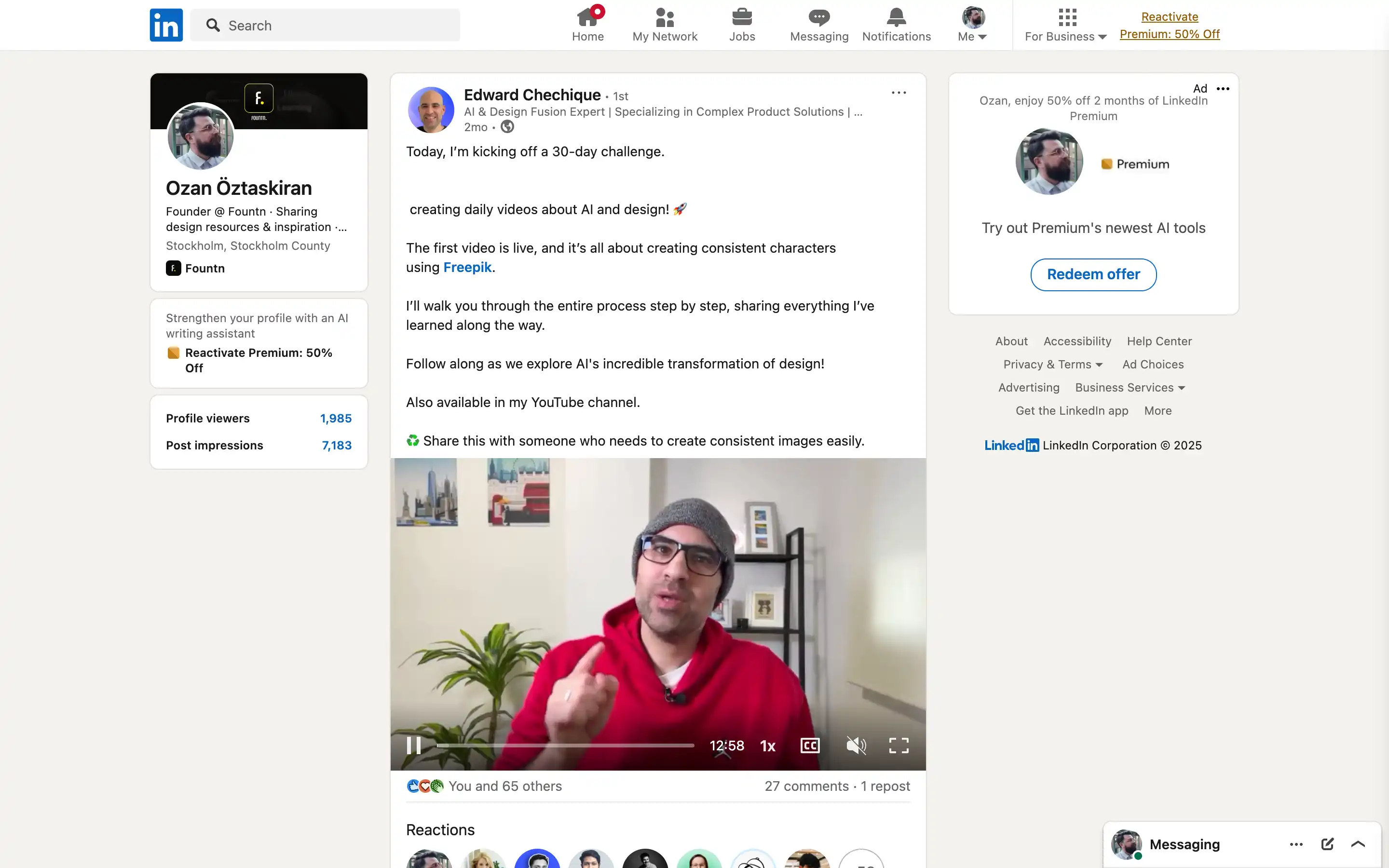 Person discussing AI and design on LinkedIn video.