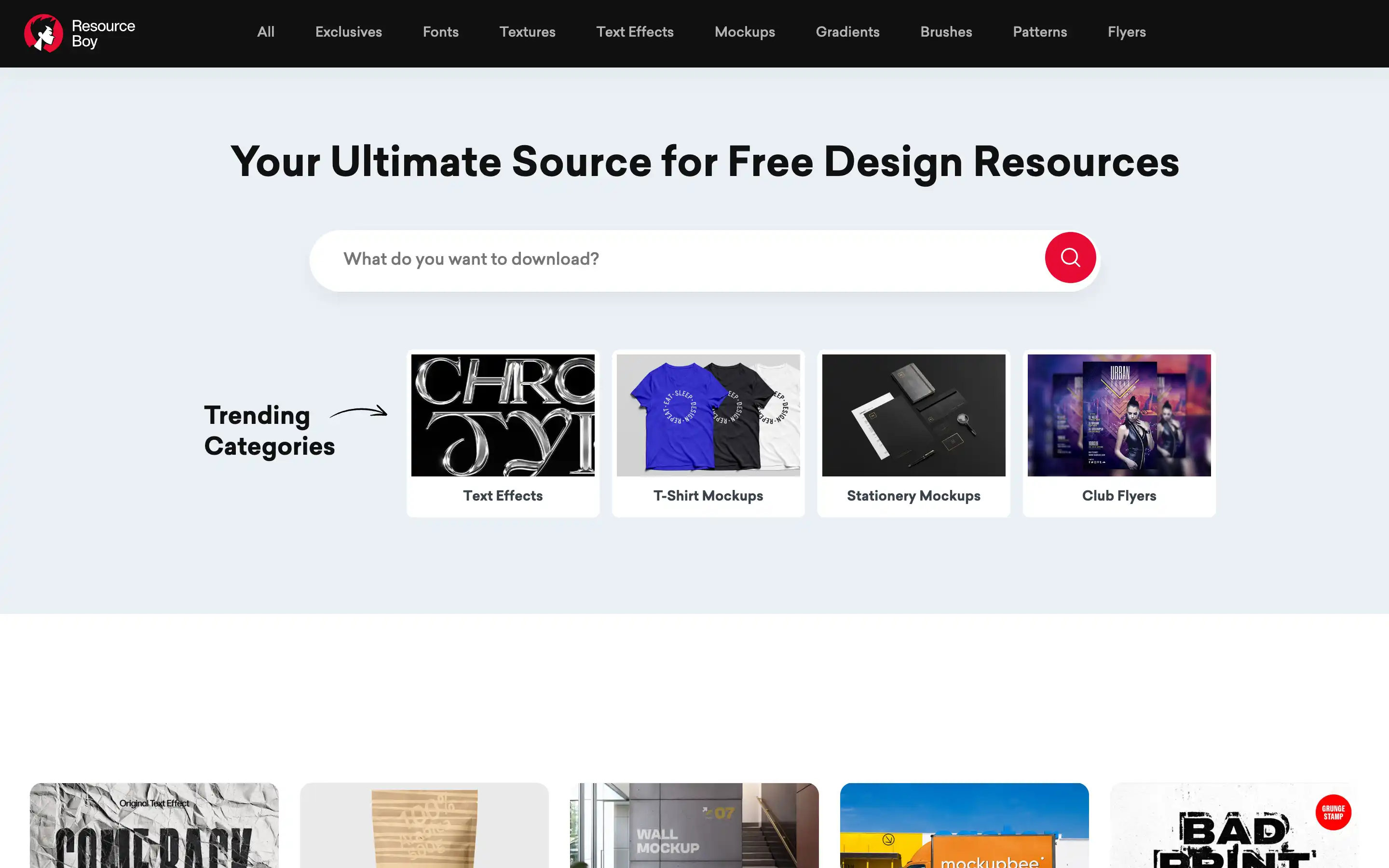 Free design resources homepage with search and categories.