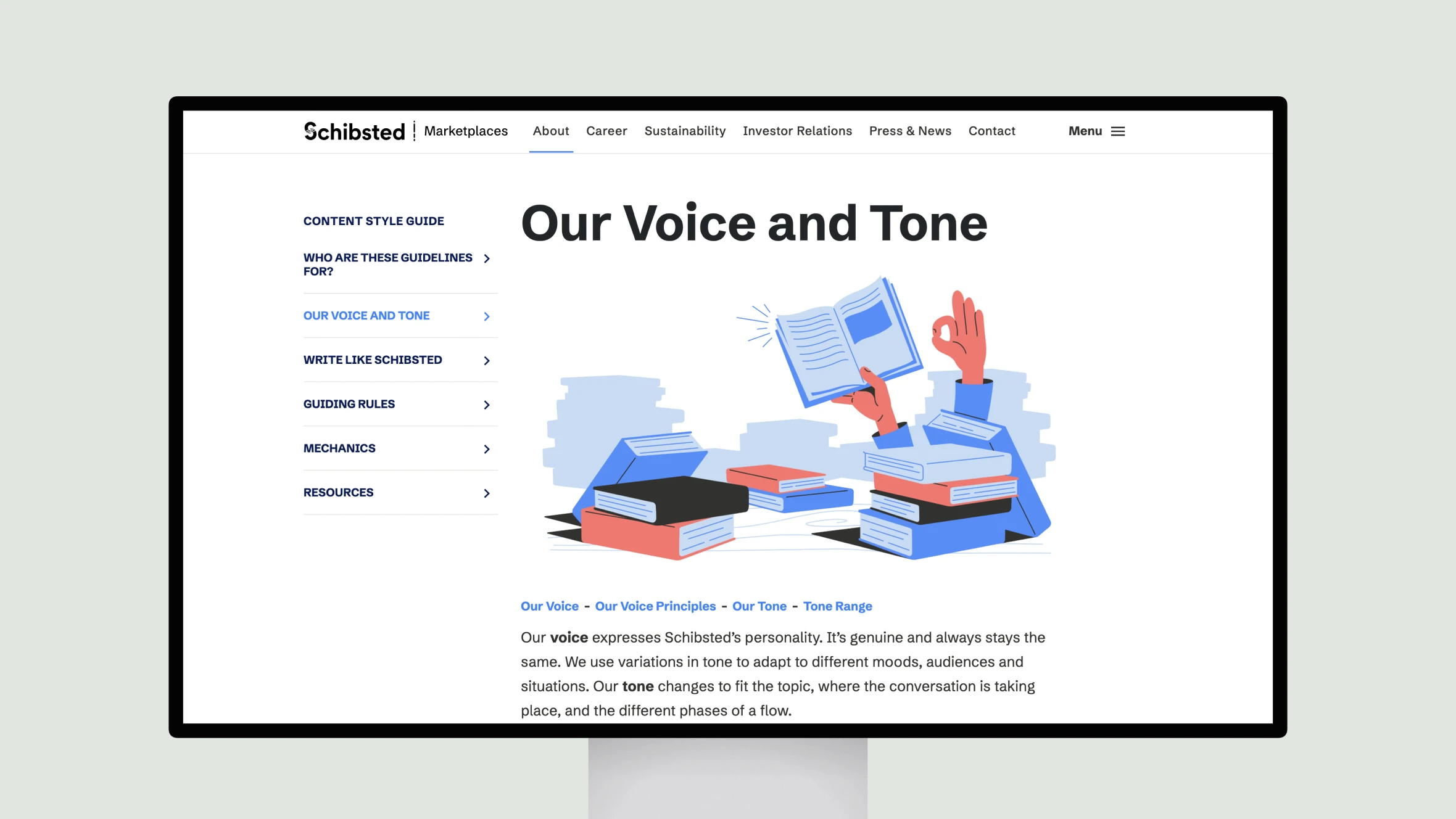 Schibsted content style guide webpage screenshot with books illustration.