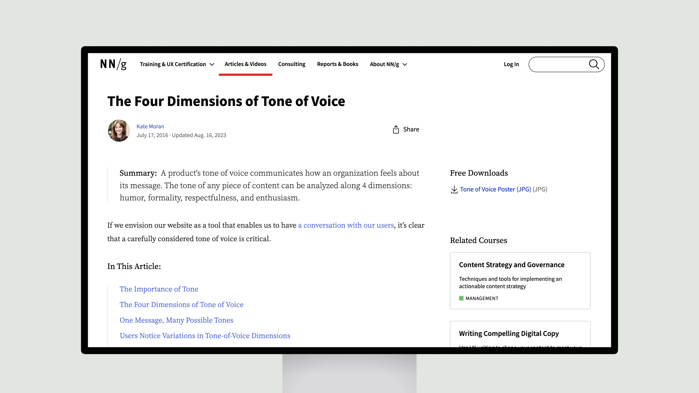 Monitor displaying article on tone of voice dimensions.