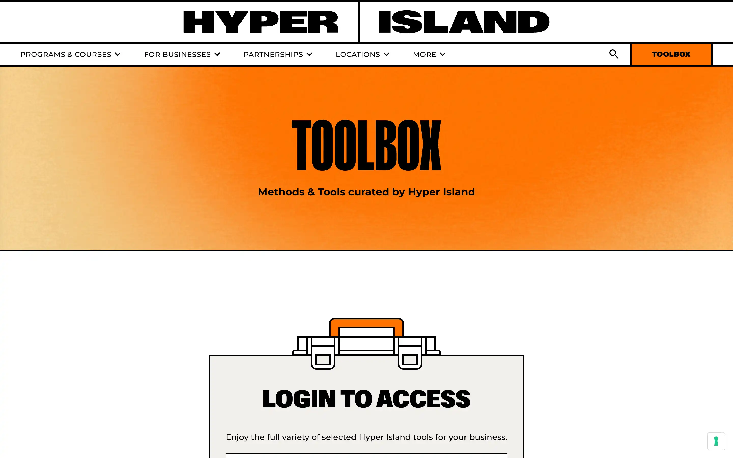 Hyper Island Toolbox login page for business tools