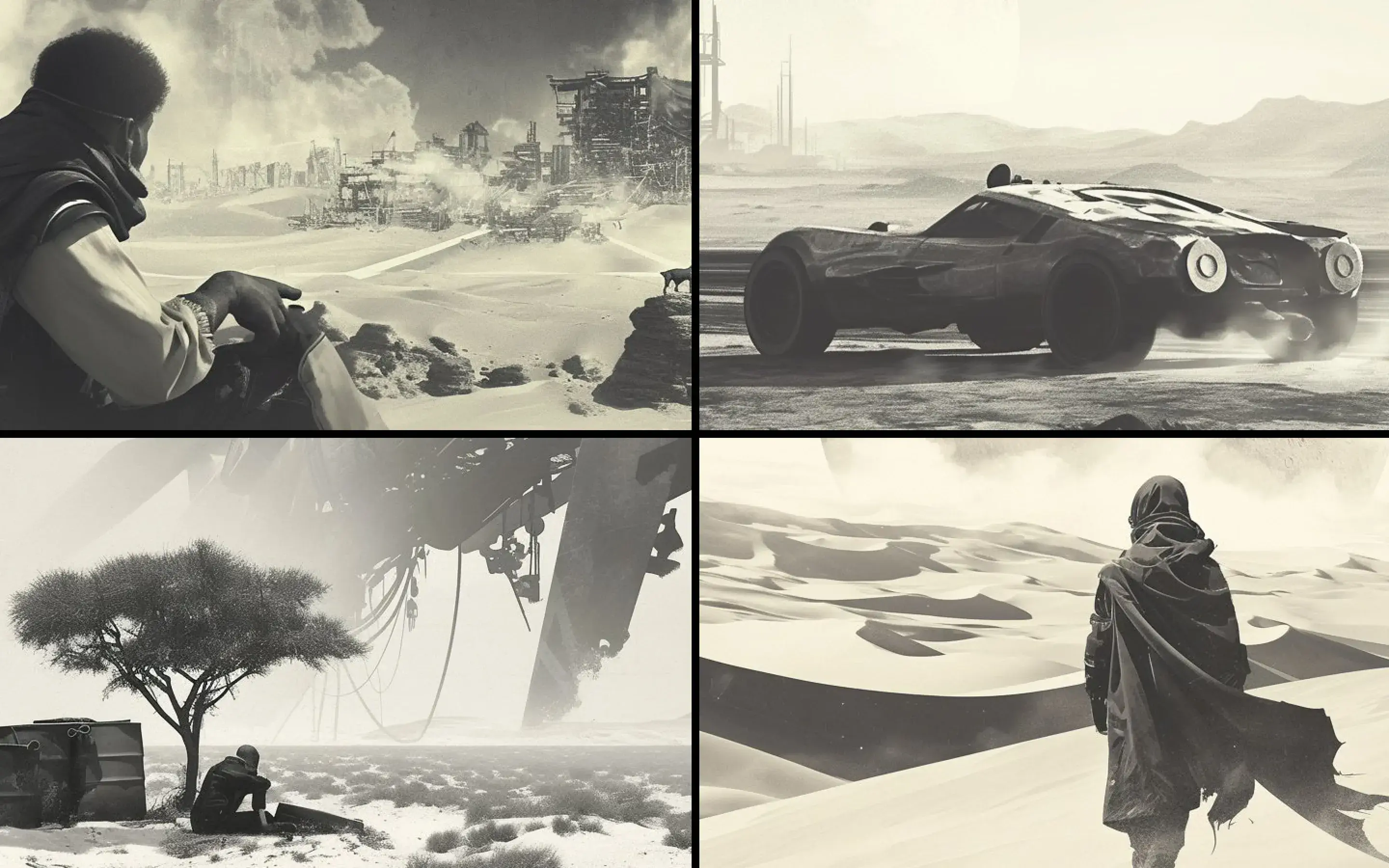 Futuristic desert scenes with people and vehicles.