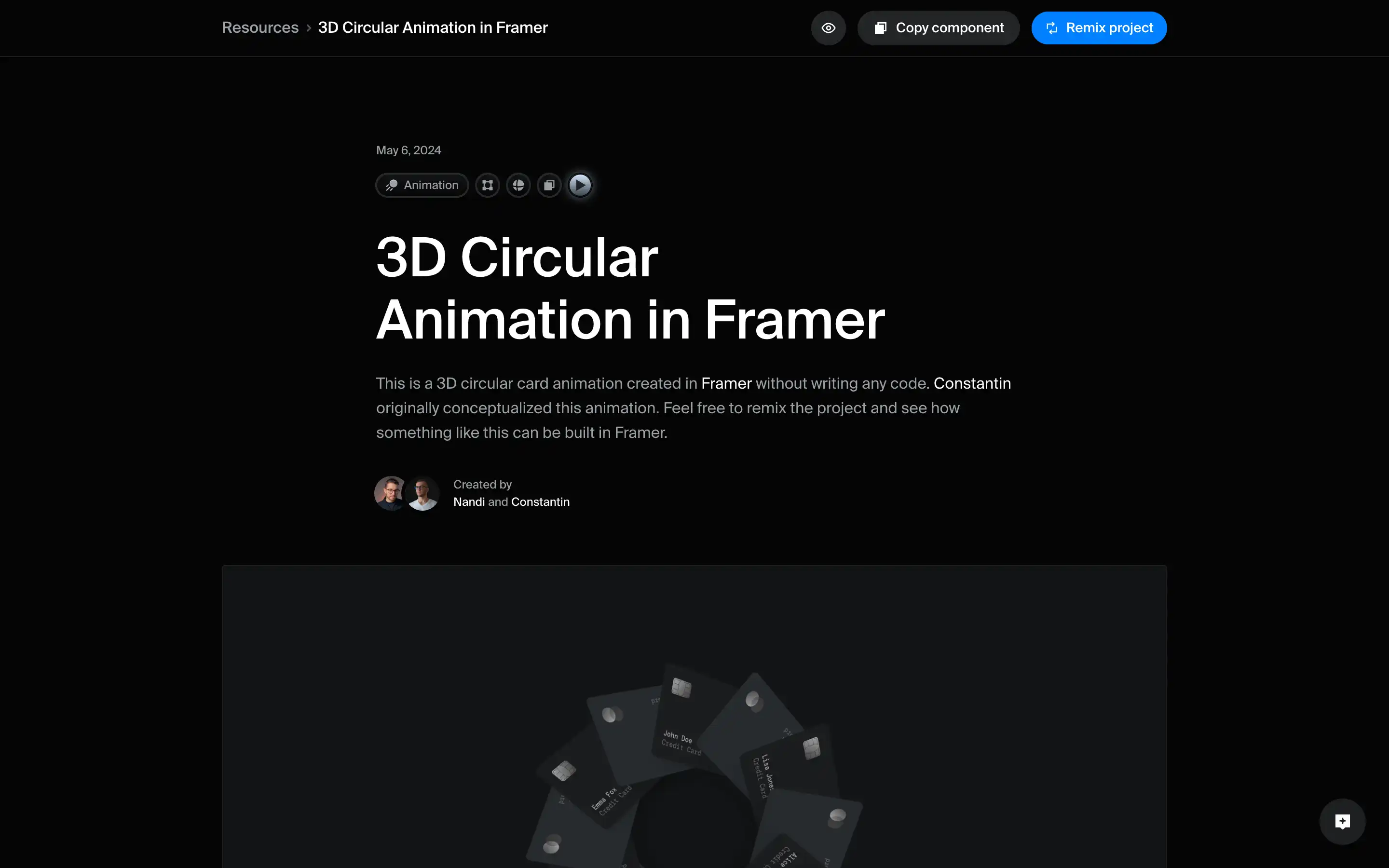 3D circular animation project in Framer interface.
