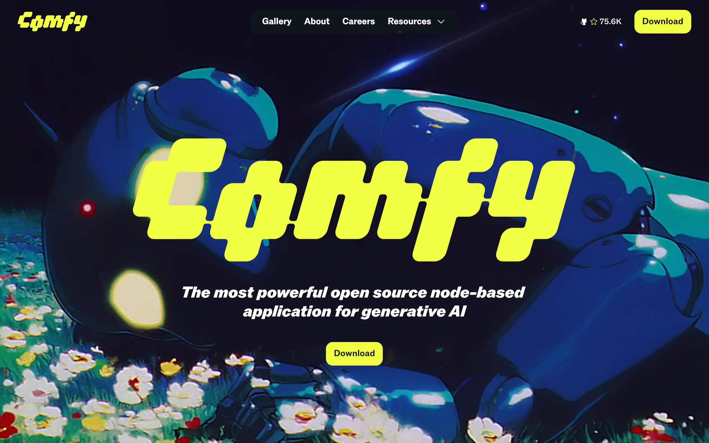 Comfy AI application download page with robot graphic
