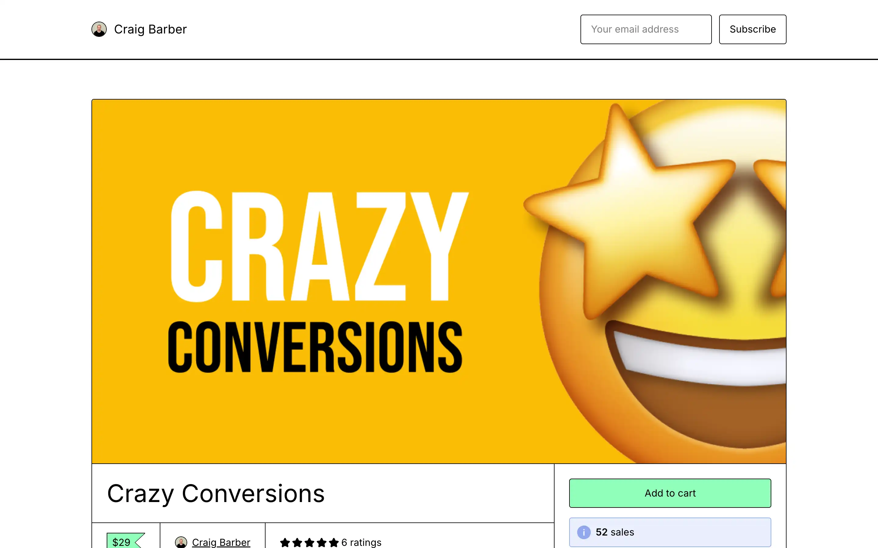 Crazy Conversions product with star-eyed emoji on yellow.