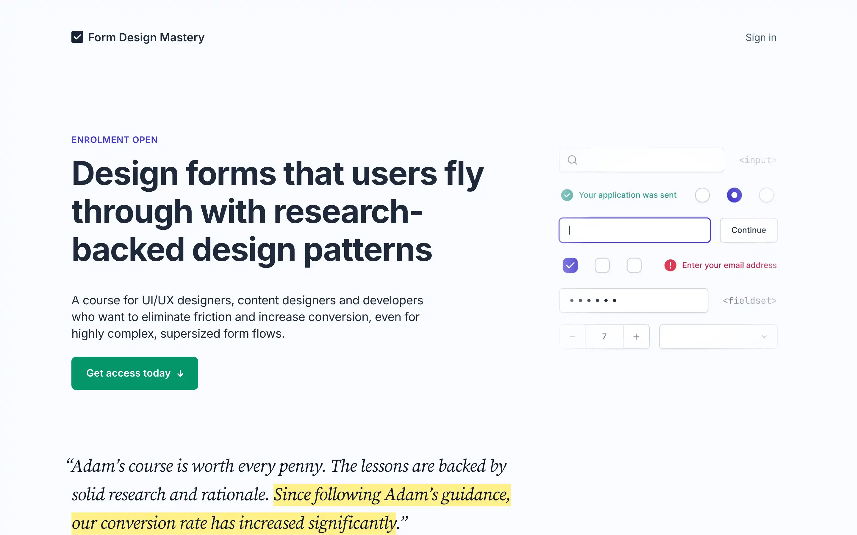 UI/UX form design course information page.