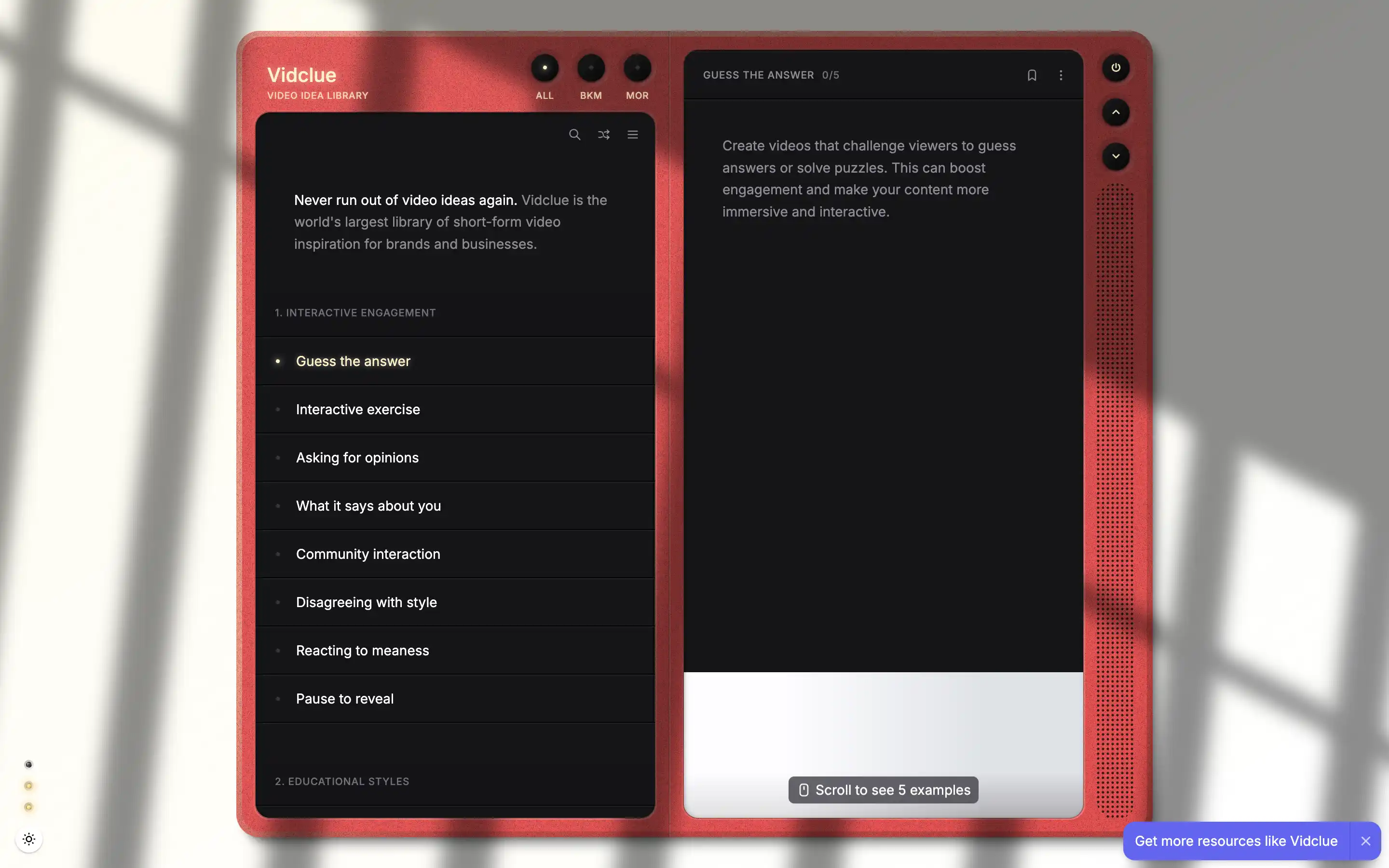 Vidclue video idea library interface screenshot