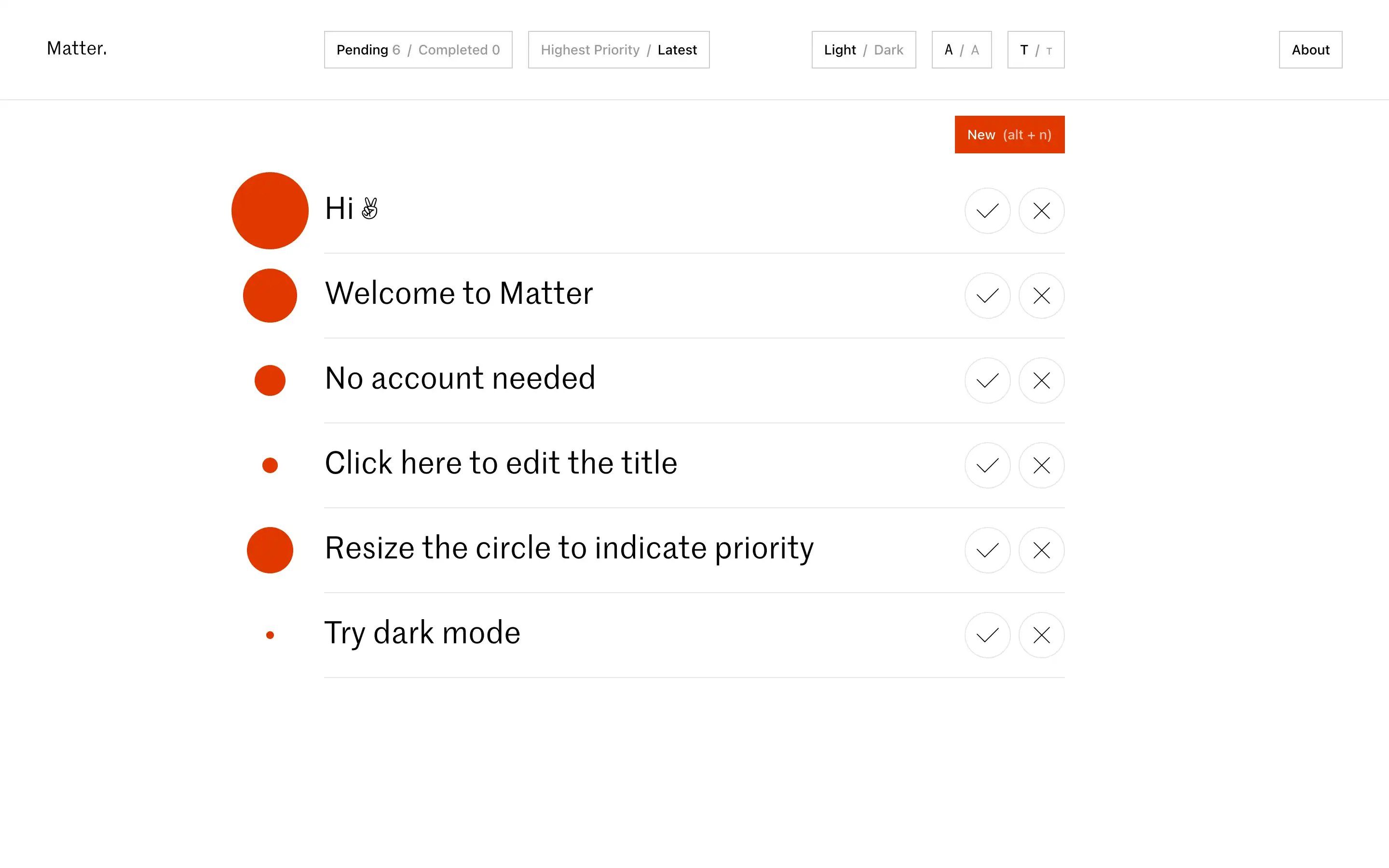 Task list interface with priority options and dark mode