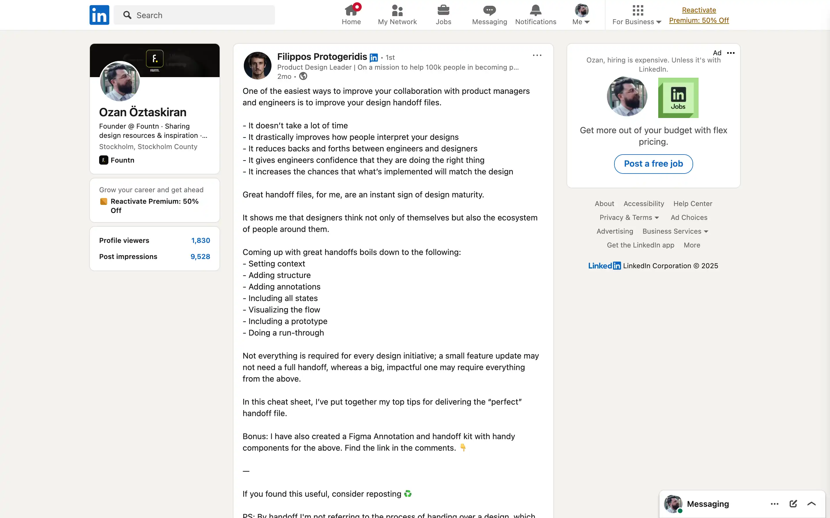 LinkedIn post about improving design handoff files.