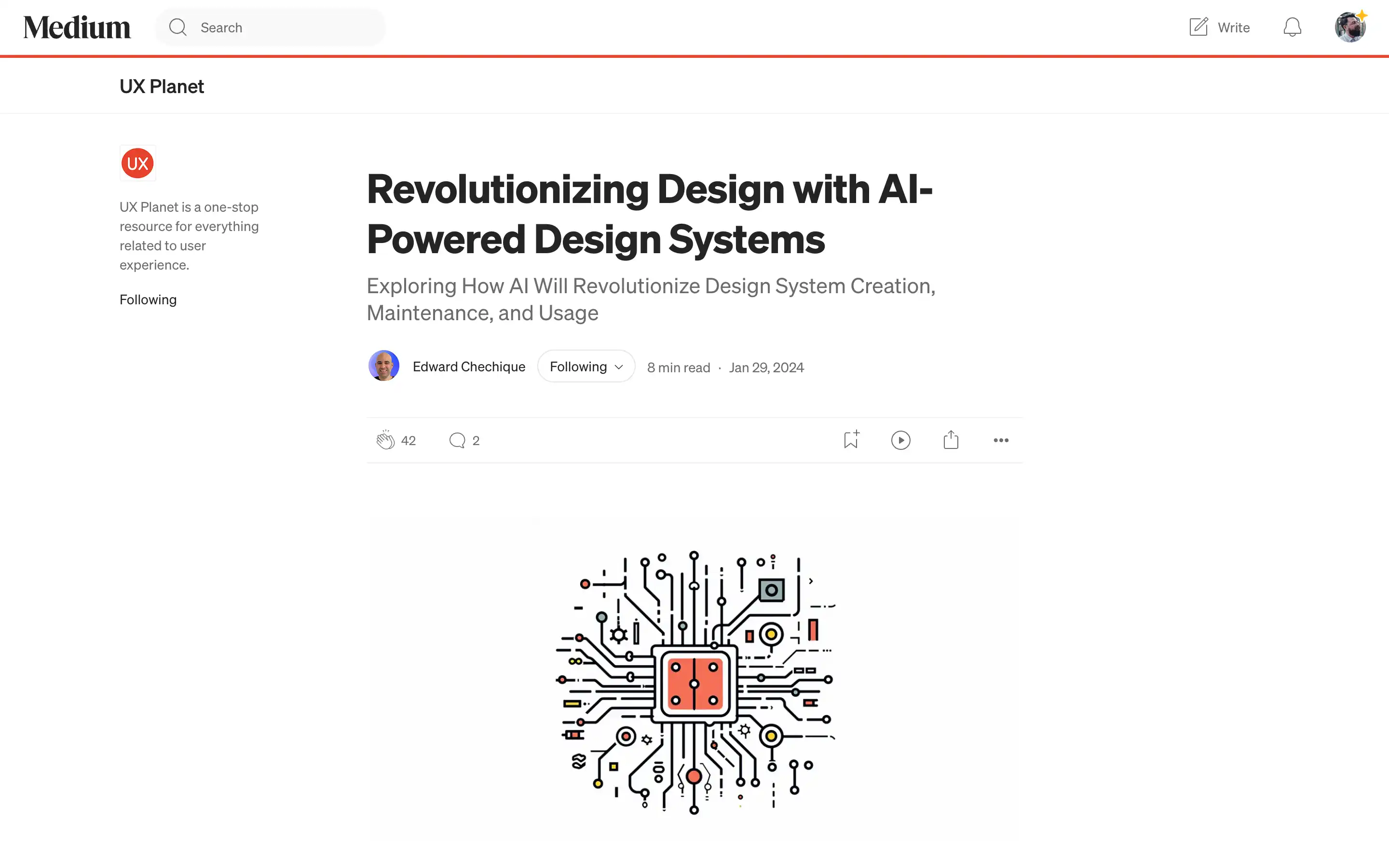 AI-powered design systems article with circuit illustration.